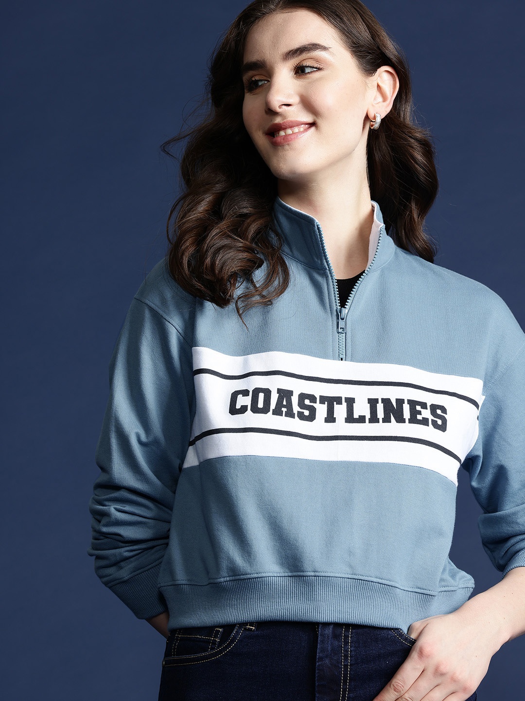 

Mast & Harbour Women Printed Sweatshirt, Blue