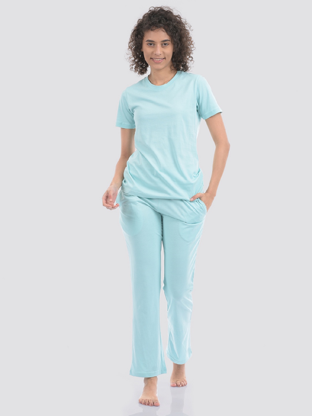 

ONEWAY Women Cotton T-shirt & Track Pants Night Suit, Blue