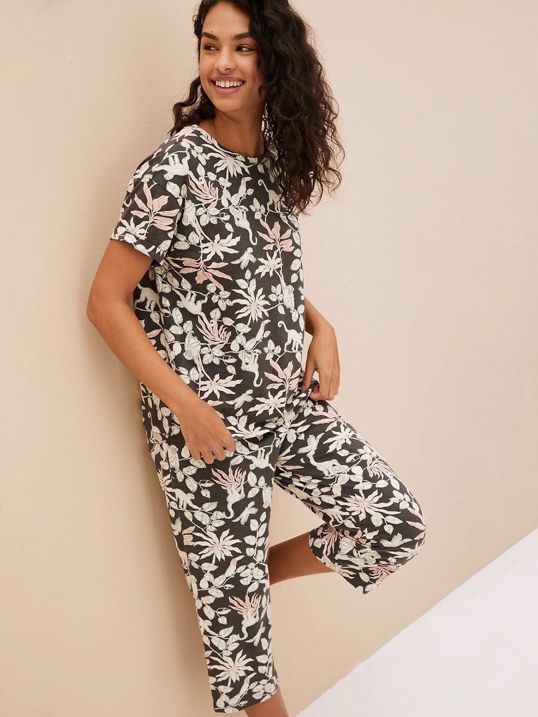 

Marks & Spencer Floral Printed T-shirt Night Suit, Grey