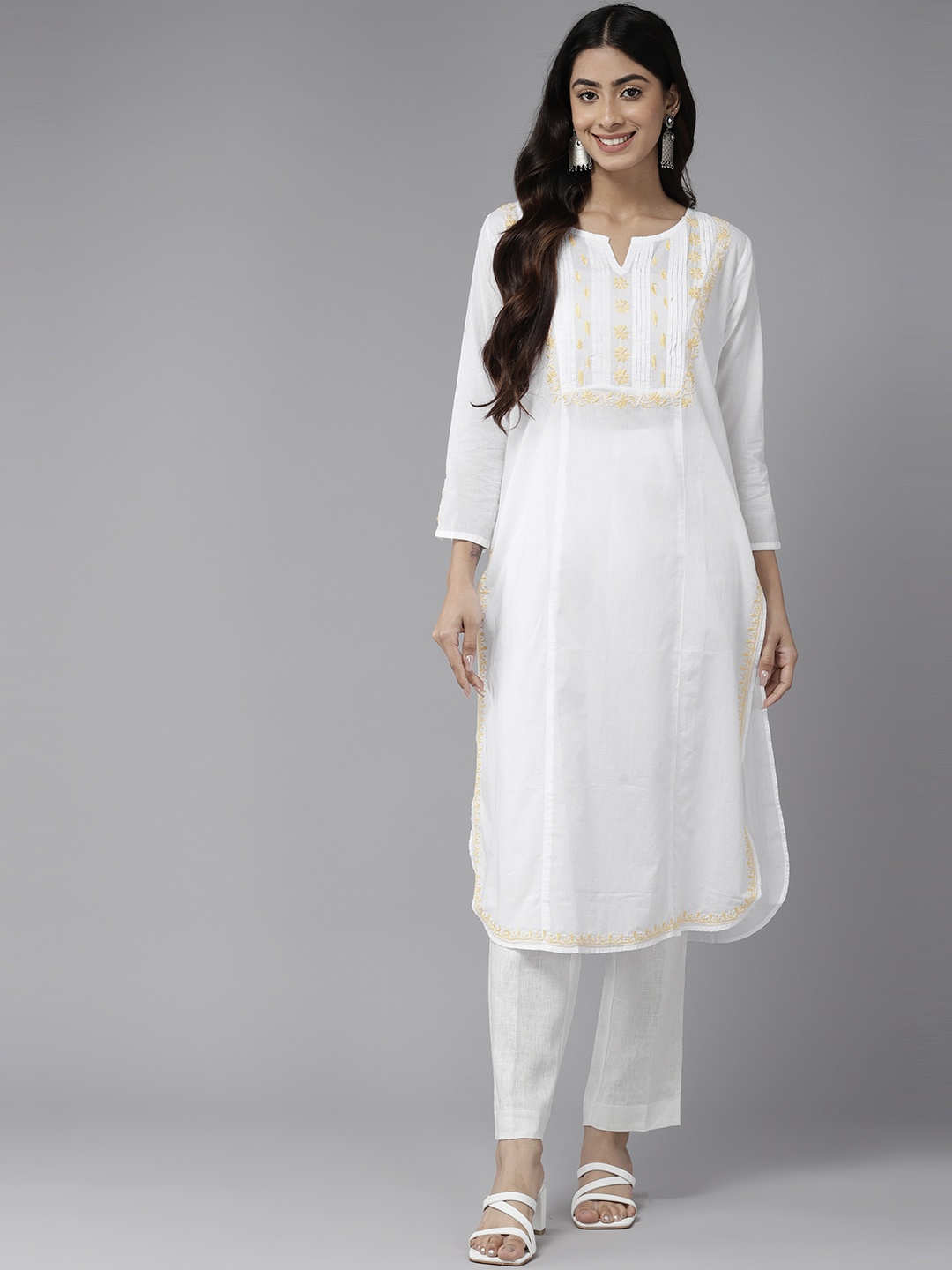 

ADA Ethnic Motifs Chikankari Embroidered Cotton Kurta, White