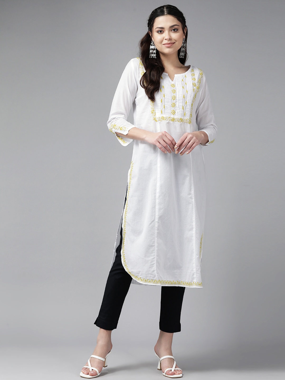 

ADA Ethnic Motifs Embroidered Chikankari Cotton Kurta, White