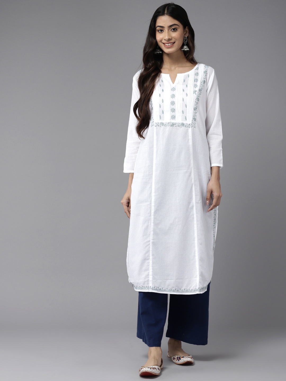 

ADA Ethnic Motifs Embroidered Chikankari Cotton Kurta, White