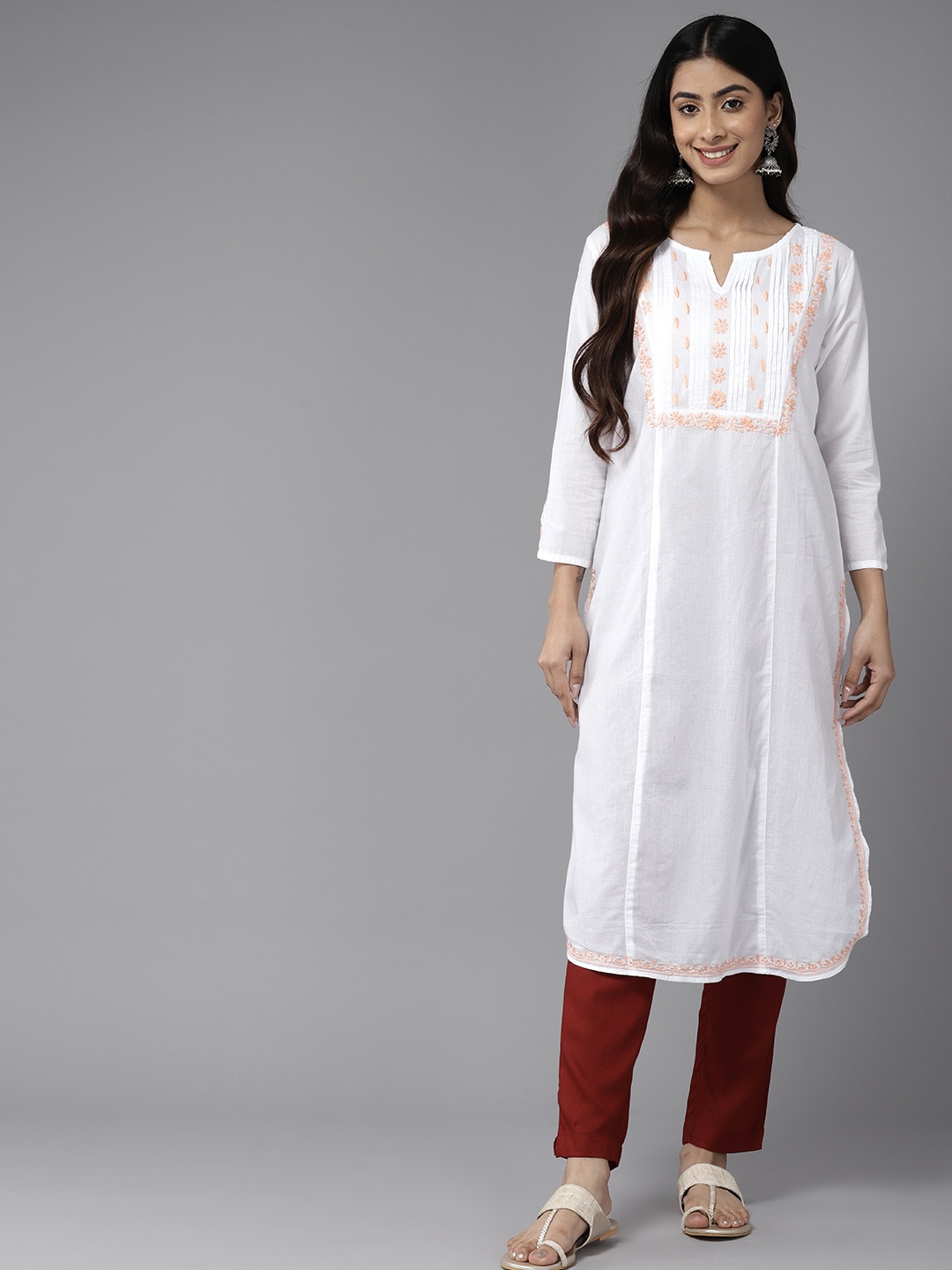 

ADA Ethnic Motifs Embroidered Chikankari Cotton Kurta, White