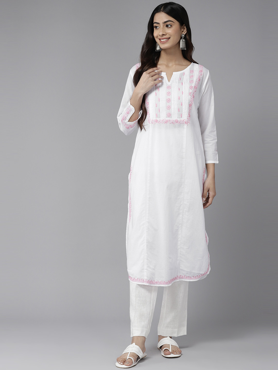 

ADA Ethnic Motifs Embroidered Chikankari Cotton Kurta, White