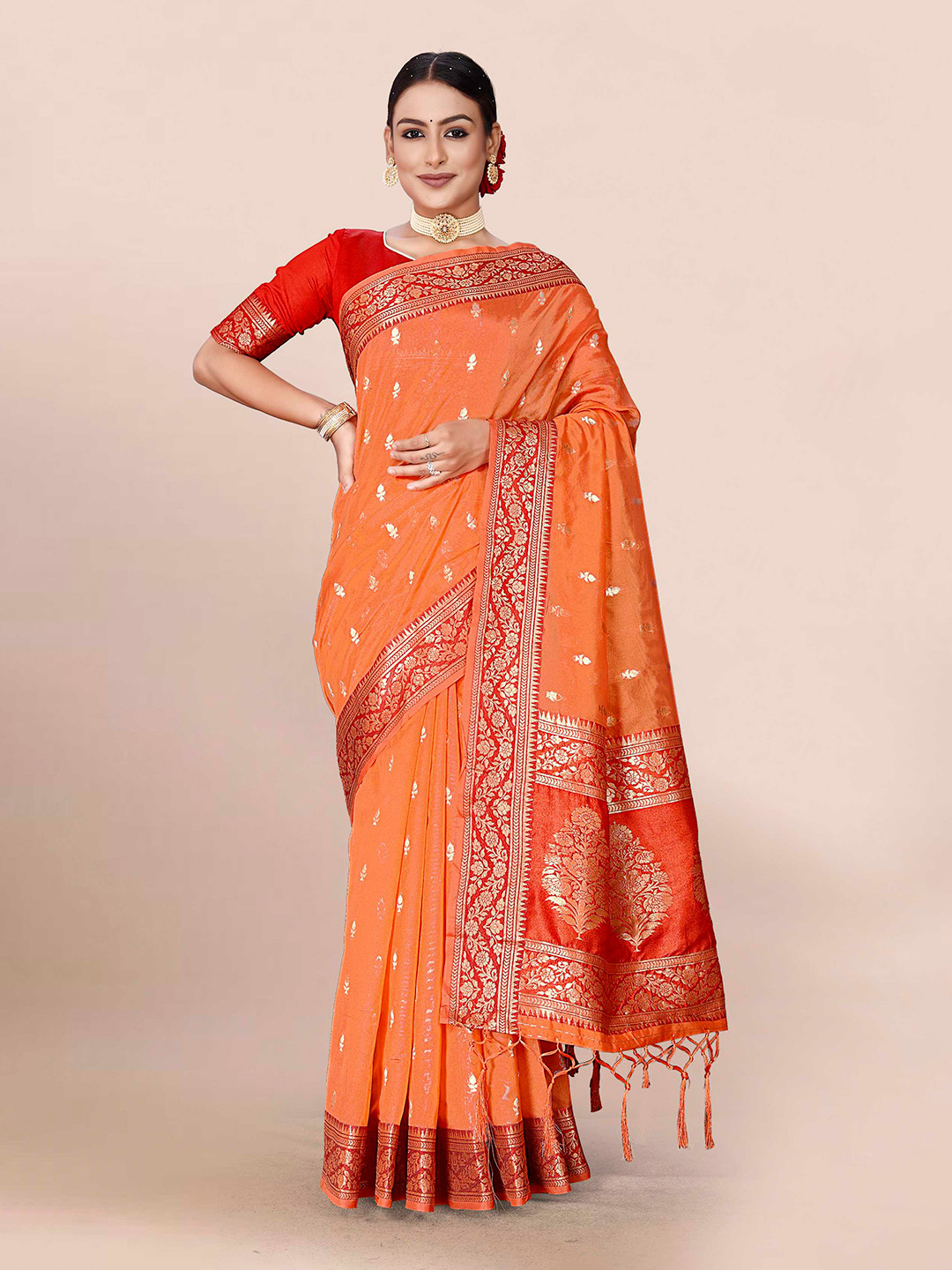

Mitera Orange & Gold-Toned Woven Design Zari Organza Banarasi Saree