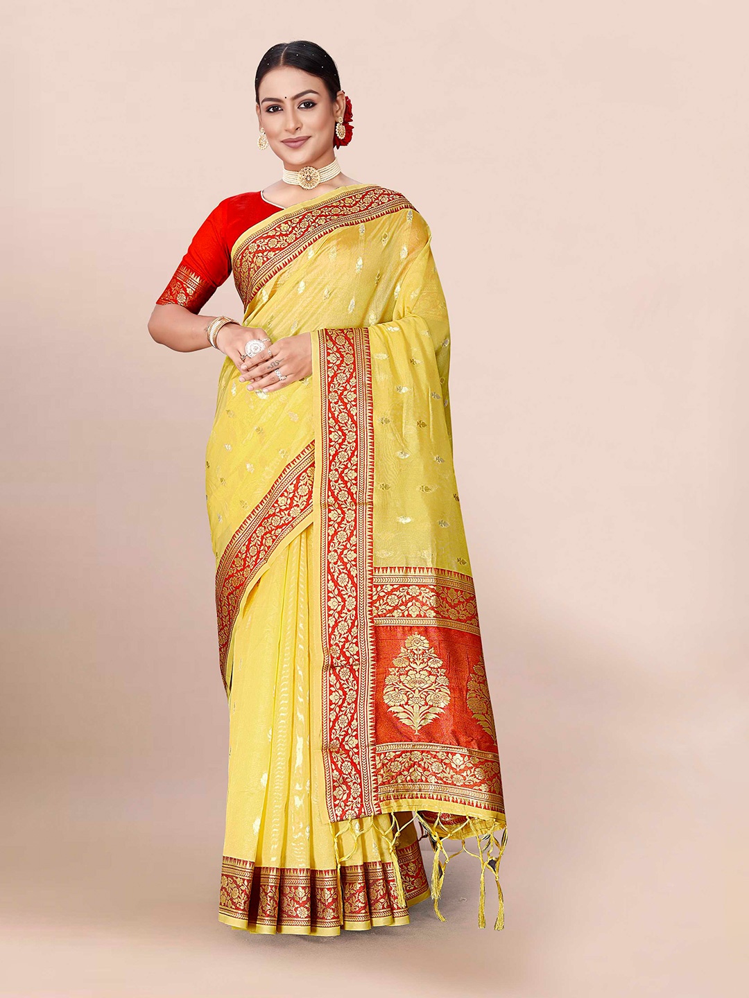 

Mitera Yellow & Red Woven Design Zari Organza Banarasi Saree