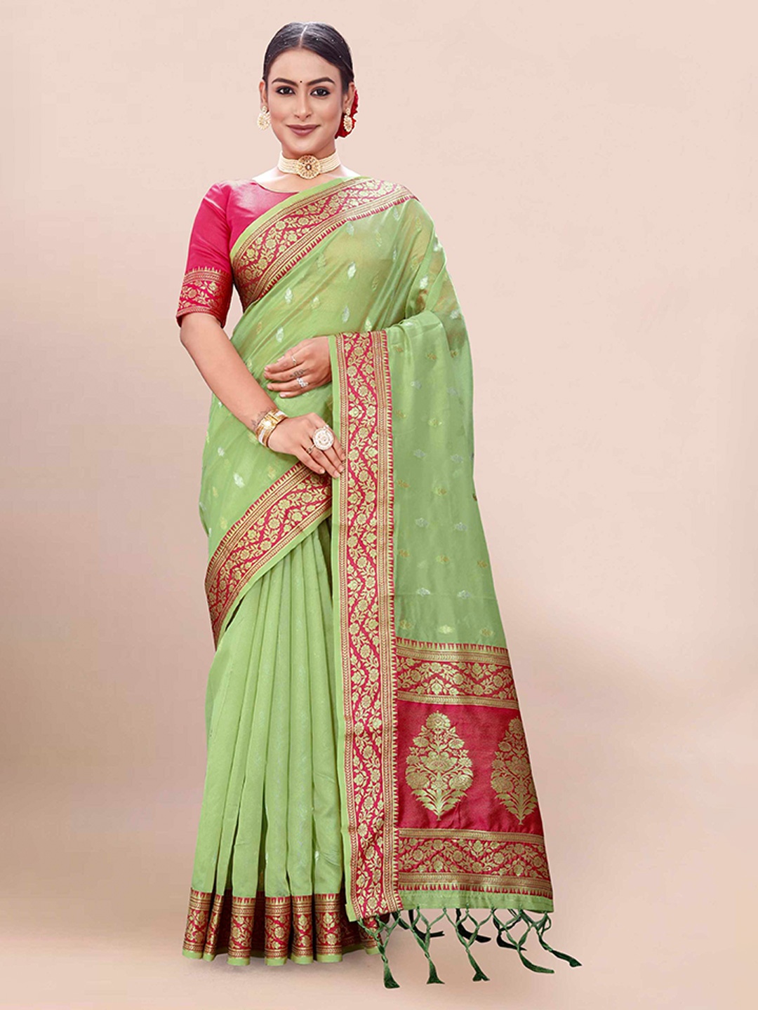 

Mitera Green & Red Woven Design Zari Organza Banarasi Saree