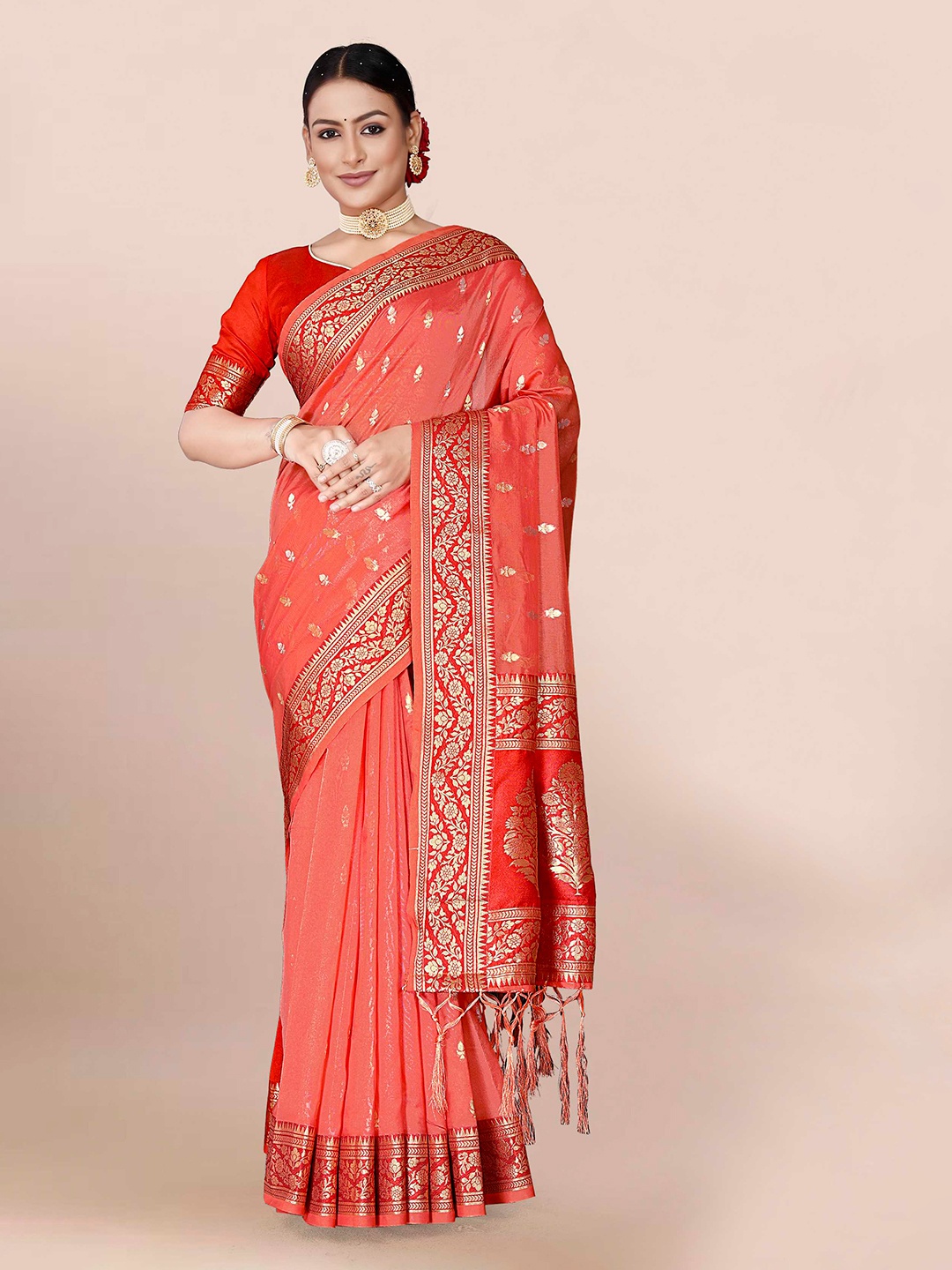 

Mitera Red & Gold-Toned Woven Design Zari Organza Banarasi Saree