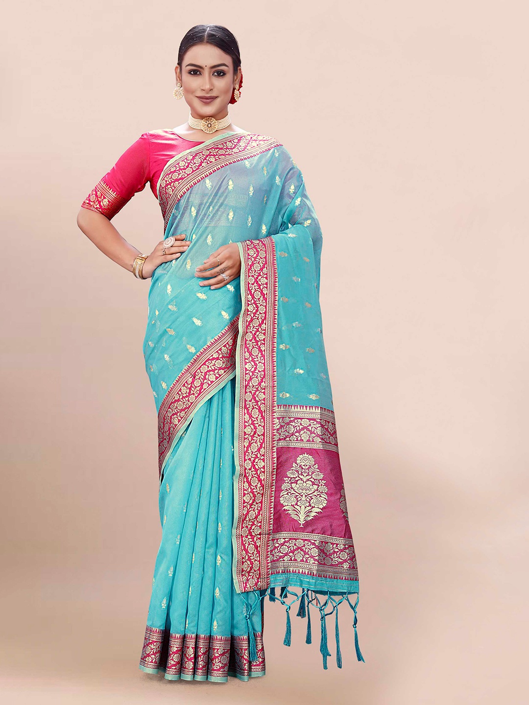 

Mitera Blue & Pink Woven Design Zari Organza Banarasi Saree