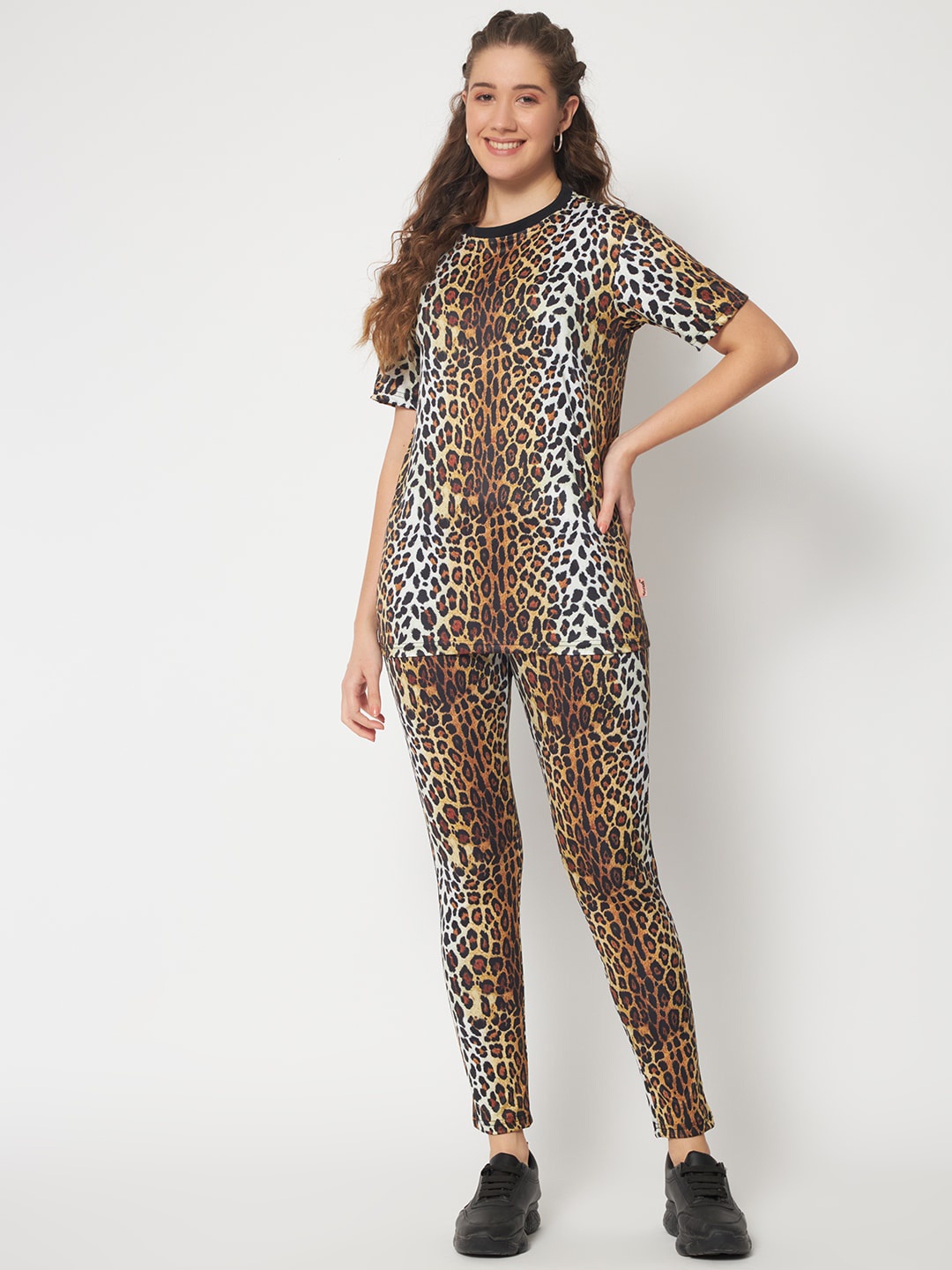 

Yuvraah Women Animal Printed T-shirt with Trousers, Beige