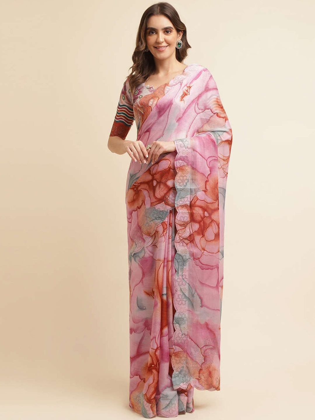 

Mitera Peach-Coloured & Green Floral Printed Embellished Pure Chiffon Saree
