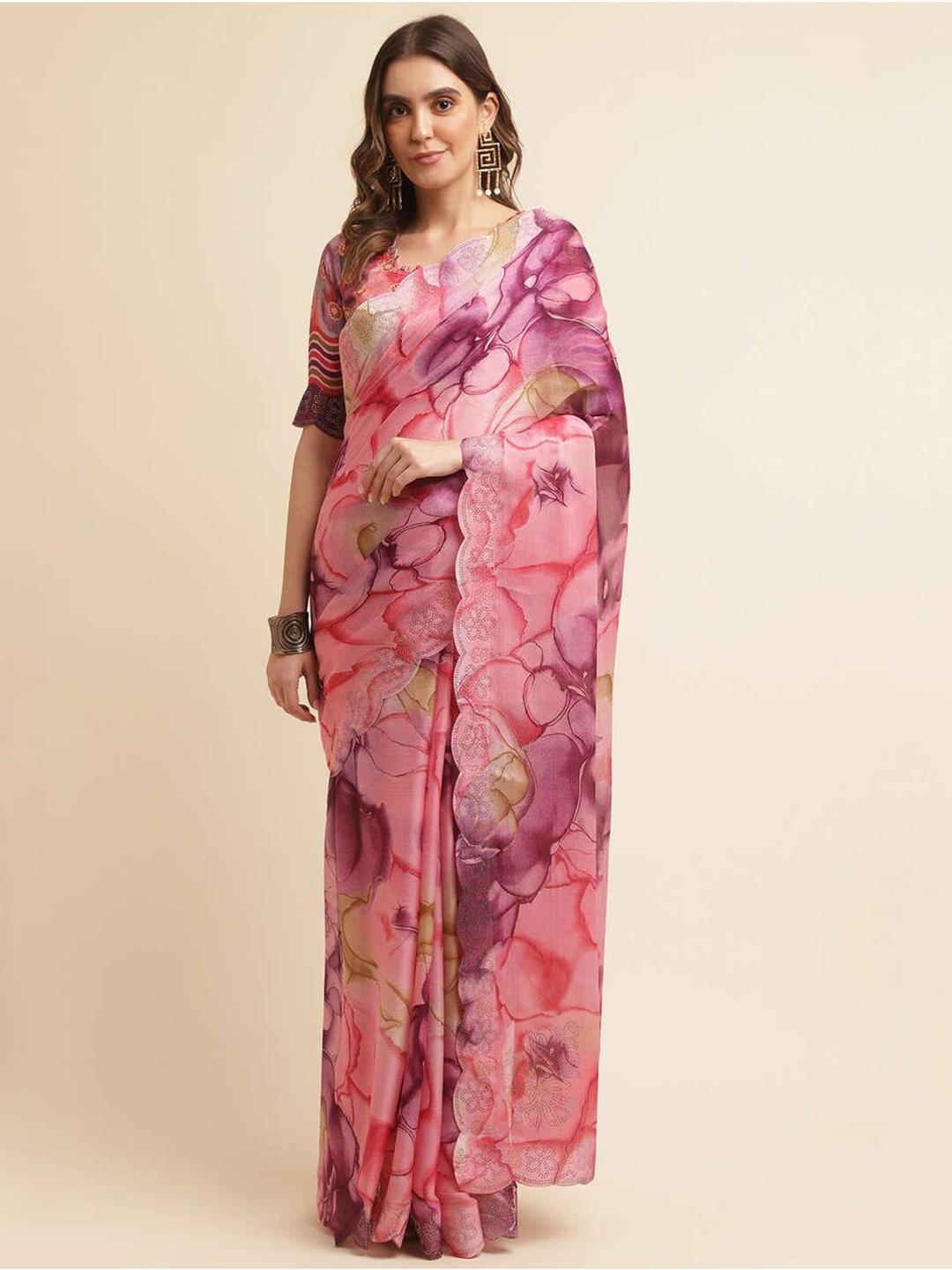 

Mitera Magenta & Violet Floral Beads and Stones Pure Chiffon Saree