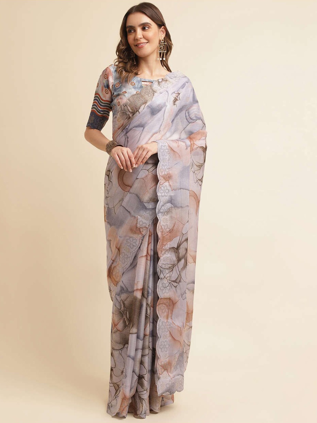 

Mitera Purple & Brown Floral Printed Embellished Pure Chiffon Saree