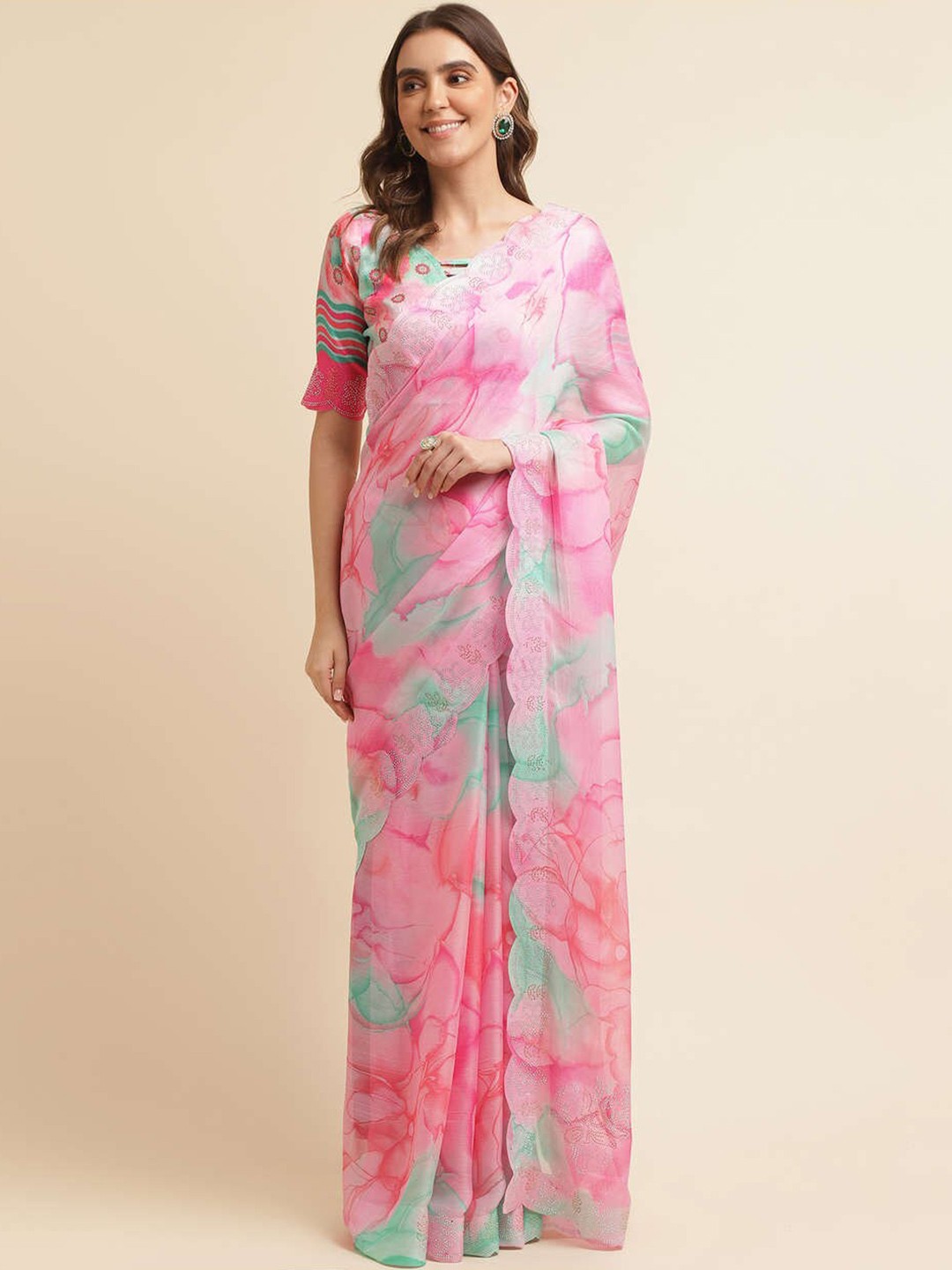 

Mitera Pink & Green Floral Printed Embellished Pure Chiffon Saree