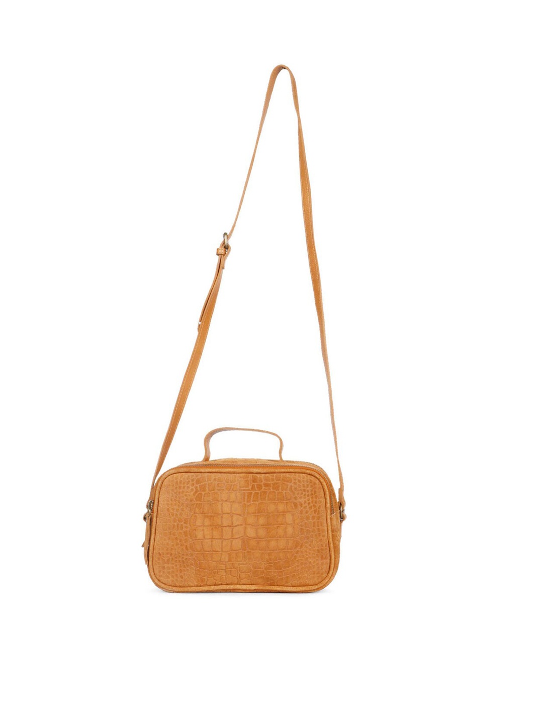 

Favore Textured Leather Structured Sling Bag with Cut Work, Brown