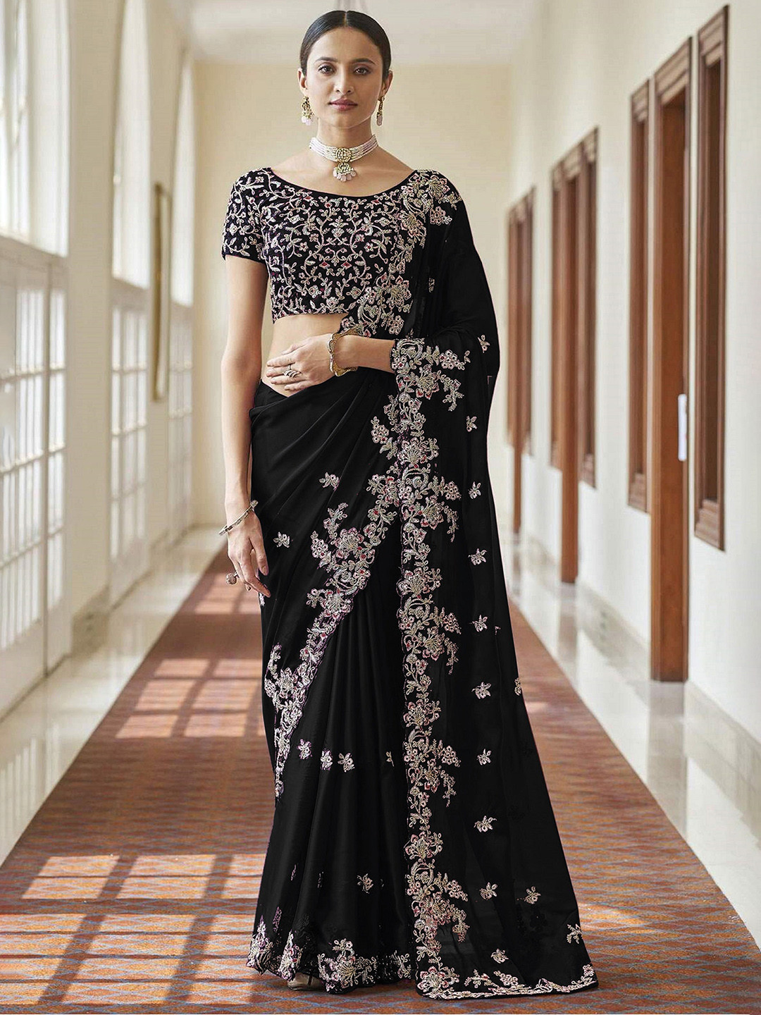 

Trendmalls Floral Embroidered Embellished Silk Blend Saree, Black
