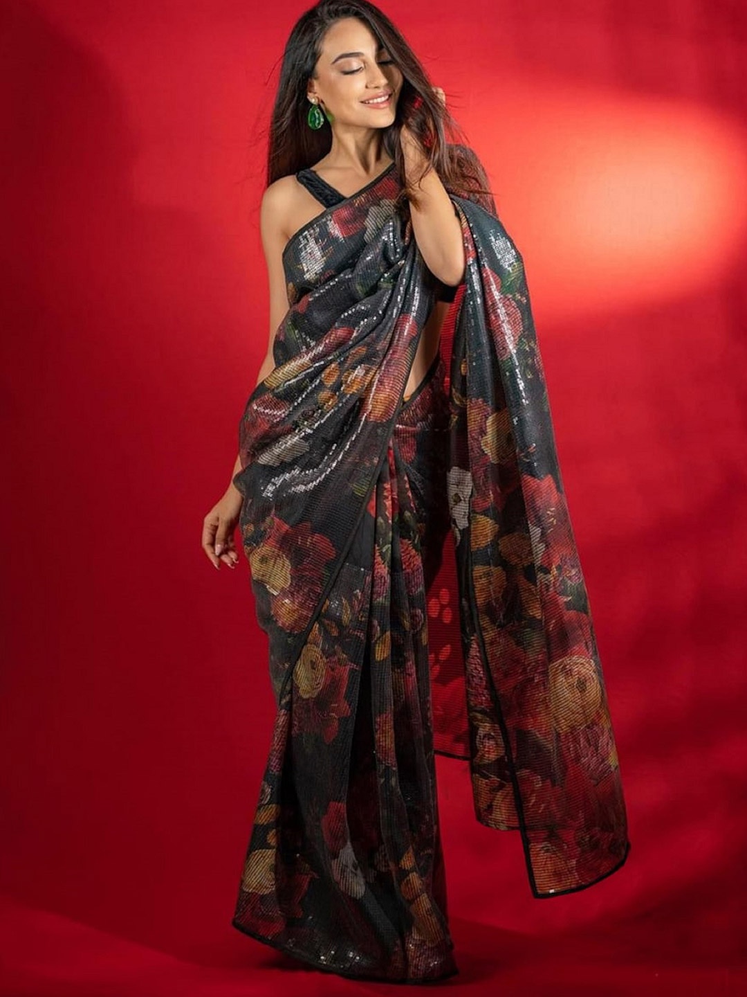 

Trendmalls Floral Printed Embellished Sequinned Pure Georgette Saree, Black