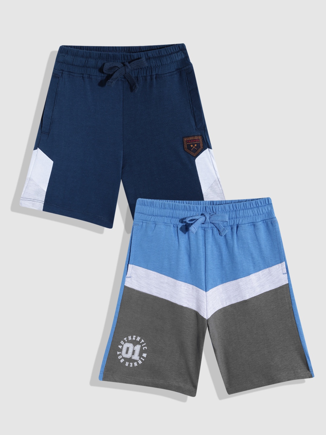 

YK Boys Pack Of 2 Colourblocked Slim Fit Pure Cotton Shorts, Navy blue