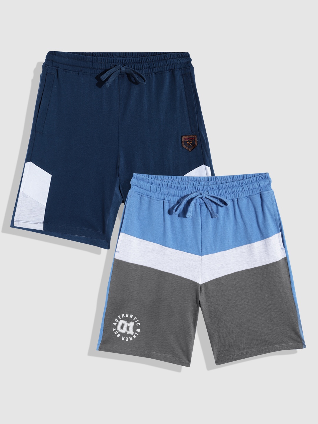 

YK Boys Pack Of 2 Colourblocked Slim Fit Pure Cotton Shorts, Navy blue