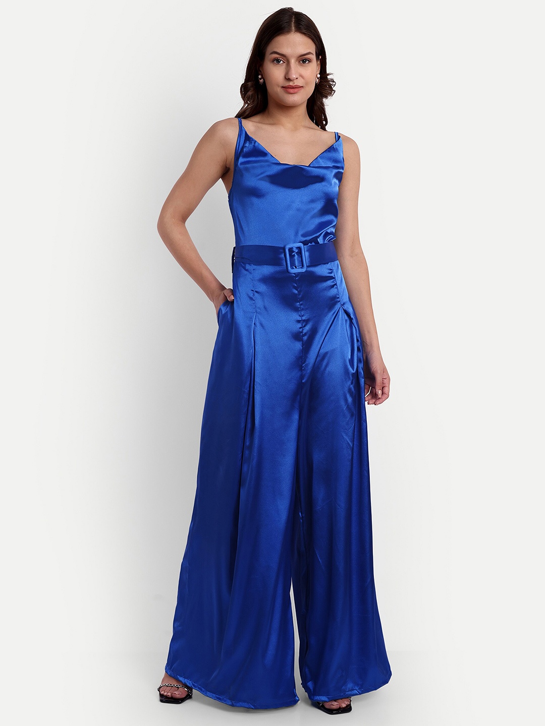 

iki chic Cowl Neck Satin Basic Jumpsuit, Blue