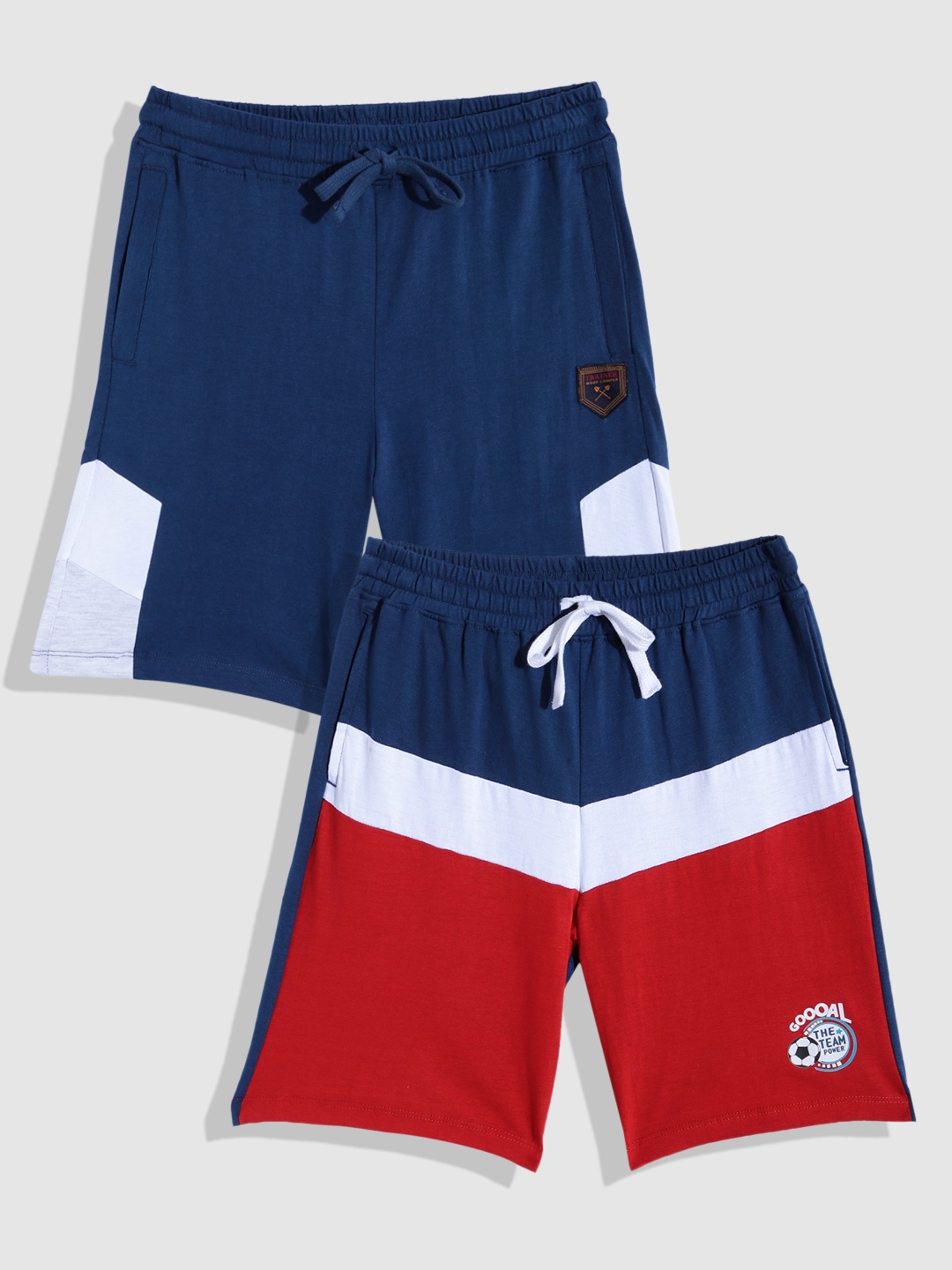 

YK Boys Pack Of 2 Colourblocked Slim Fit Pure Cotton Shorts, Navy blue