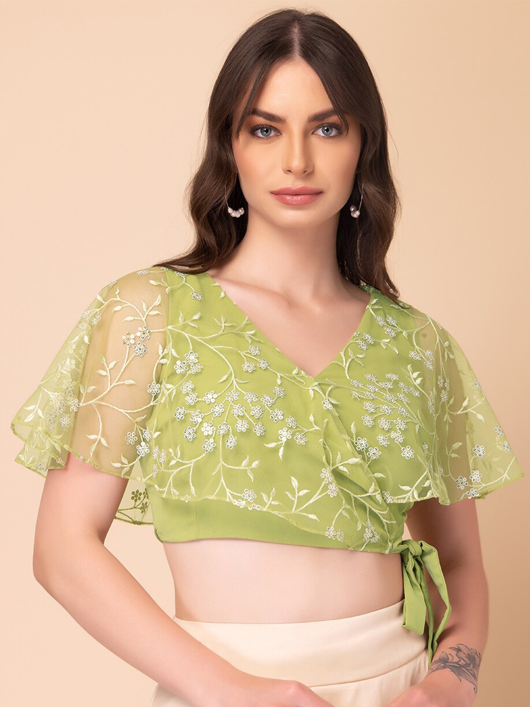 

INDYA Sequin Embroidered Crop Wrap Top, Green