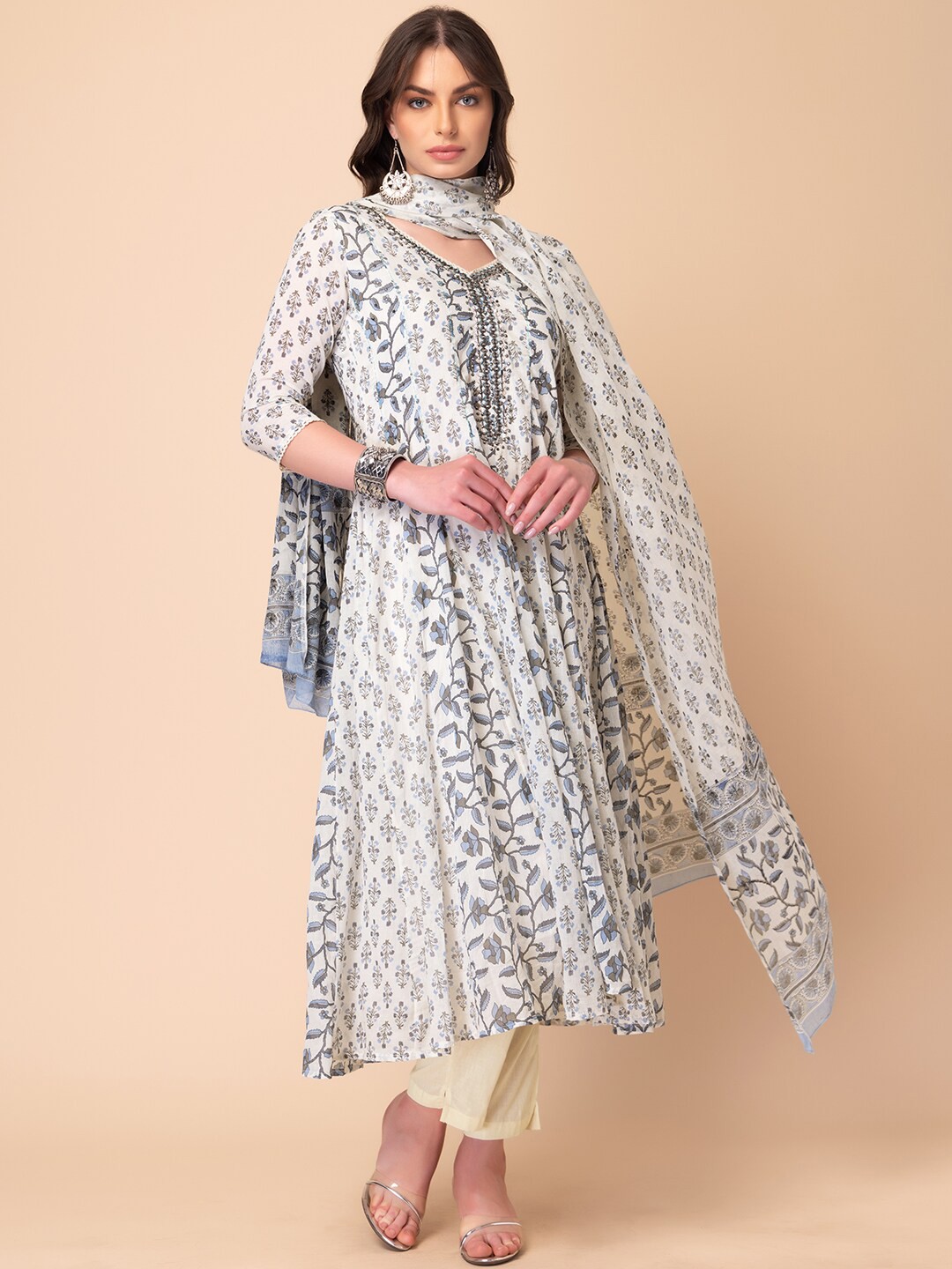 

INDYA Floral Printed Mirror Work Pure Cotton Kurta & Trouser With Dupatta, Grey