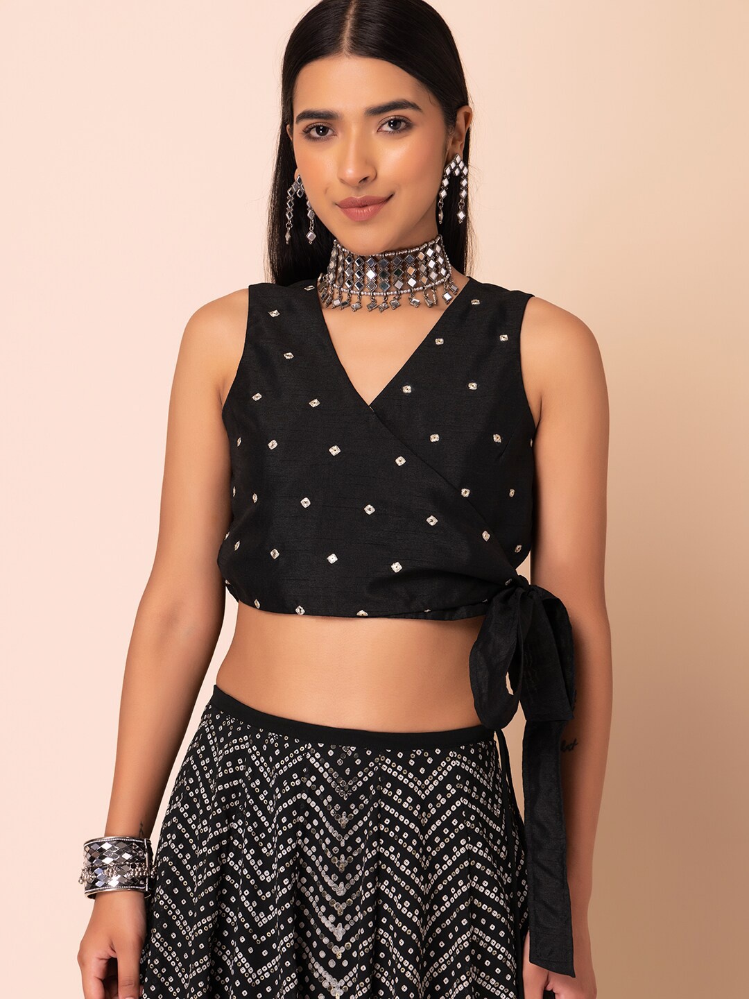 

INDYA Sequin Embroidered Crop Wrap Top, Black