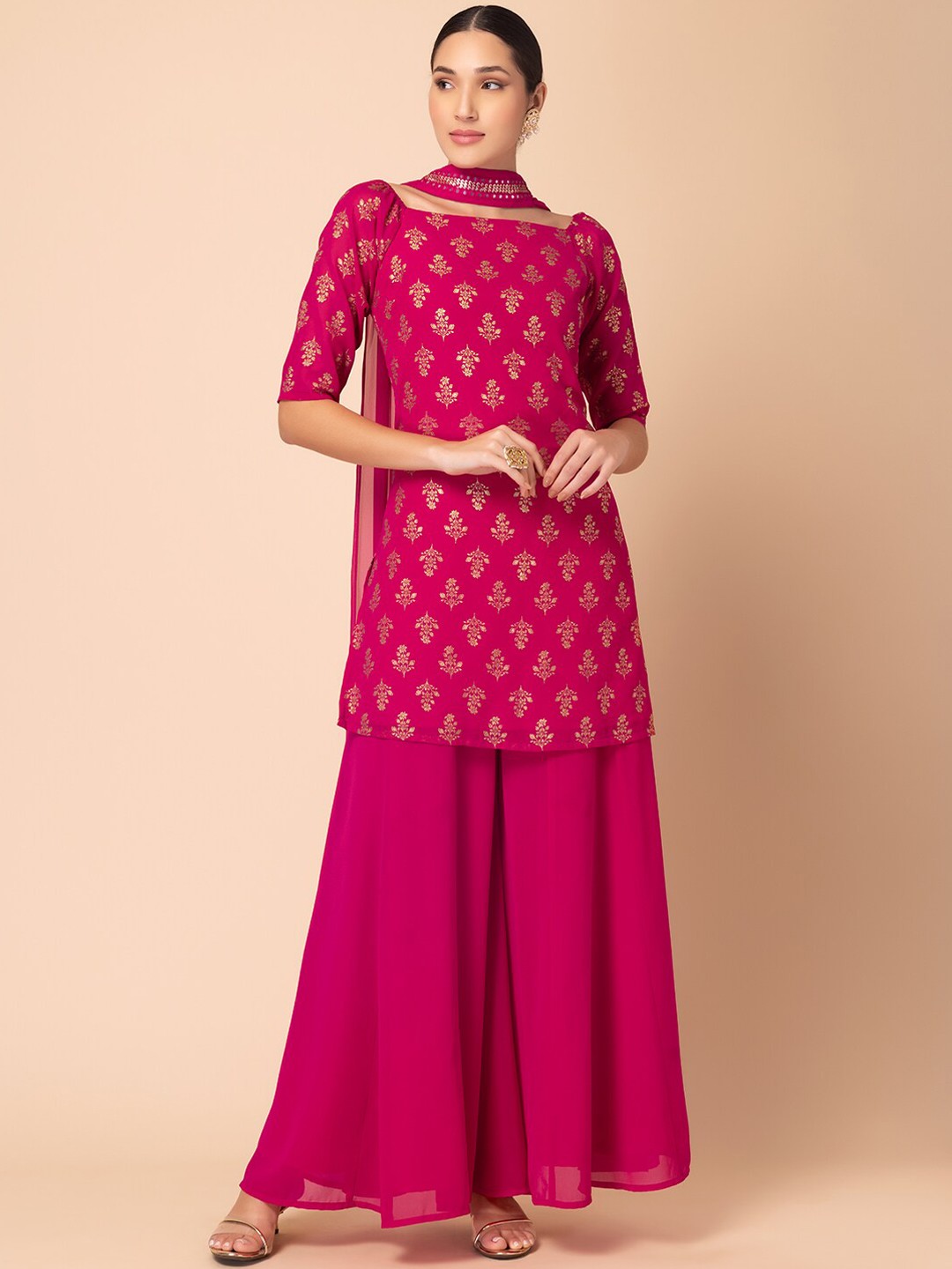 

INDYA Foil Floral Printed Kurta & Sharara With Dupatta, Pink