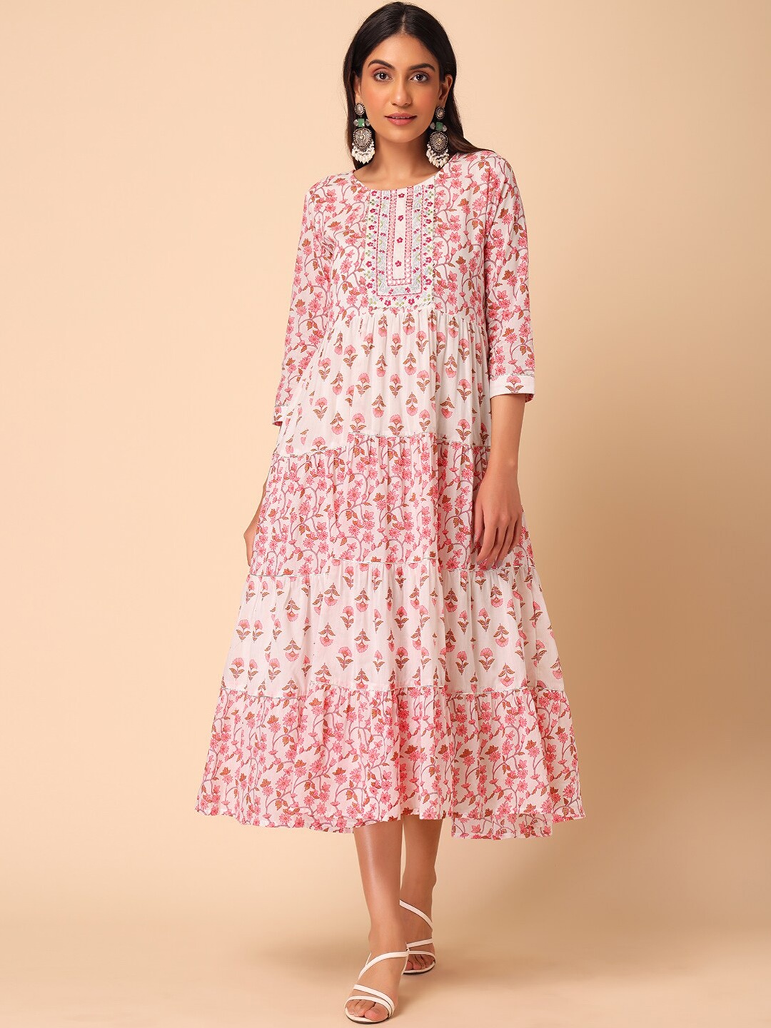

INDYA Floral Block-Printed Pure-Cotton Anarkali Kurta, White
