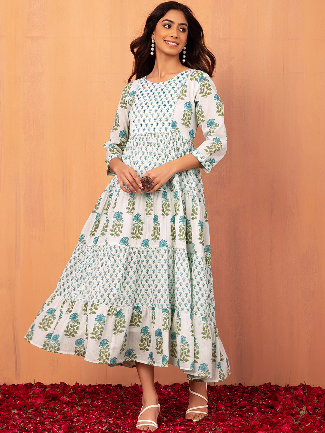 

INDYA Floral-Printed Pure-Cotton Anarkali Kurta, White