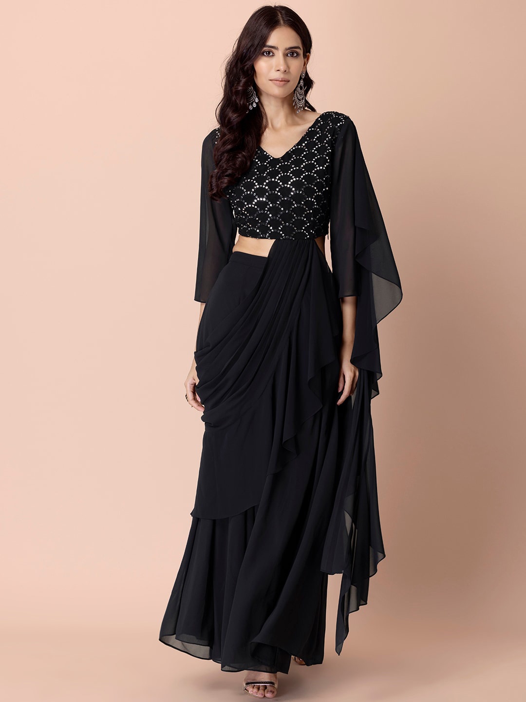

INDYA Embroidered Ready To Wear Saree, Black