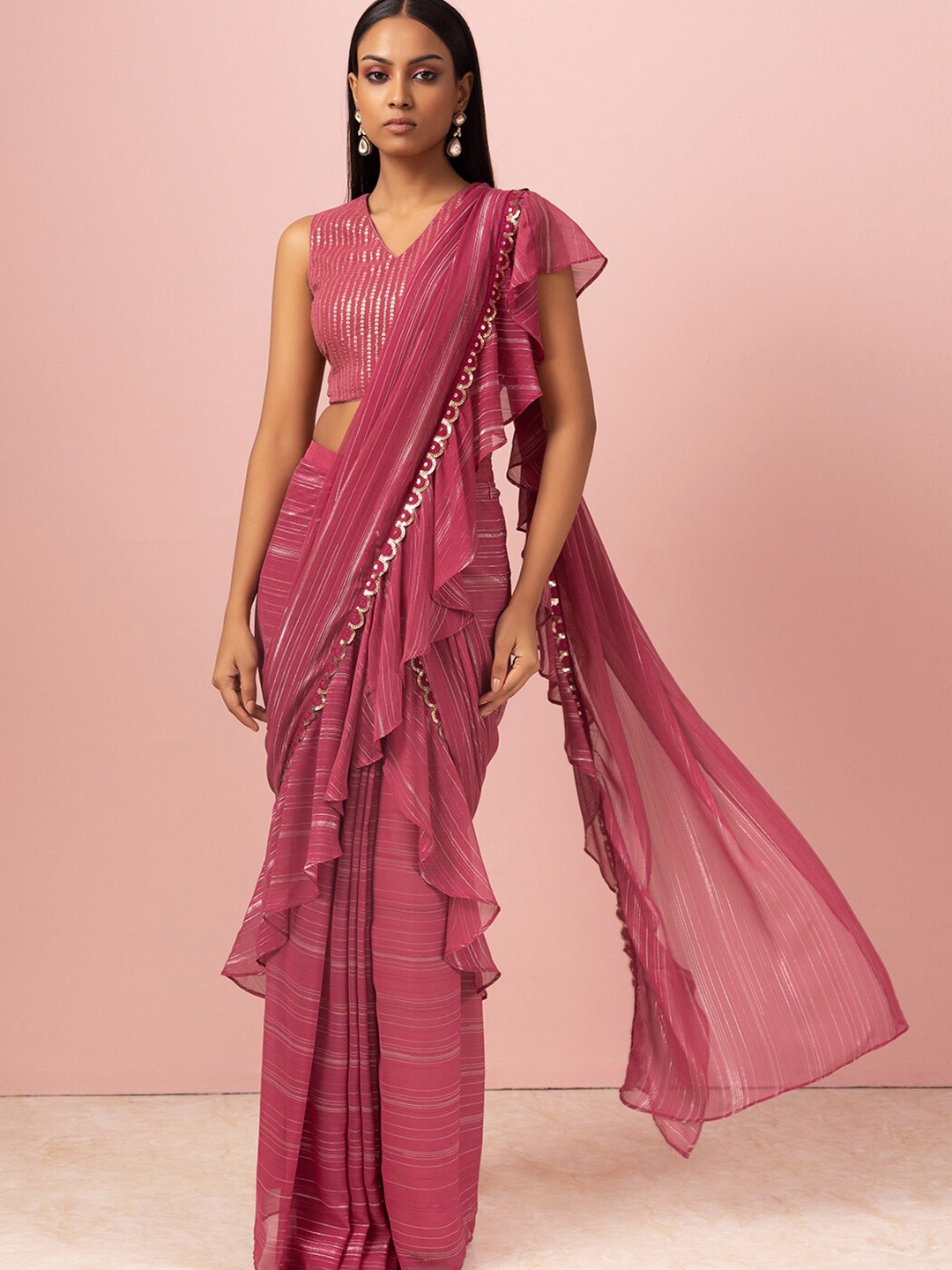 

INDYA Striped Woven Design Zari Ready to Wear Saree, Purple
