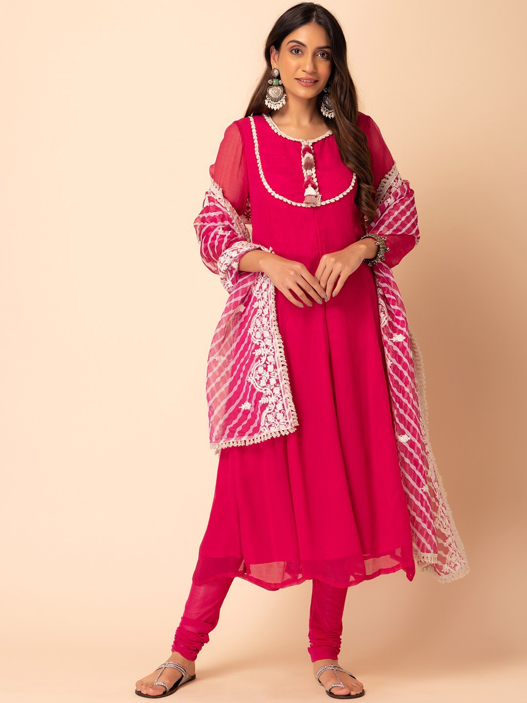 

INDYA Yoke-Design Kurta & Churidar With Embroidered Dupatta, Pink