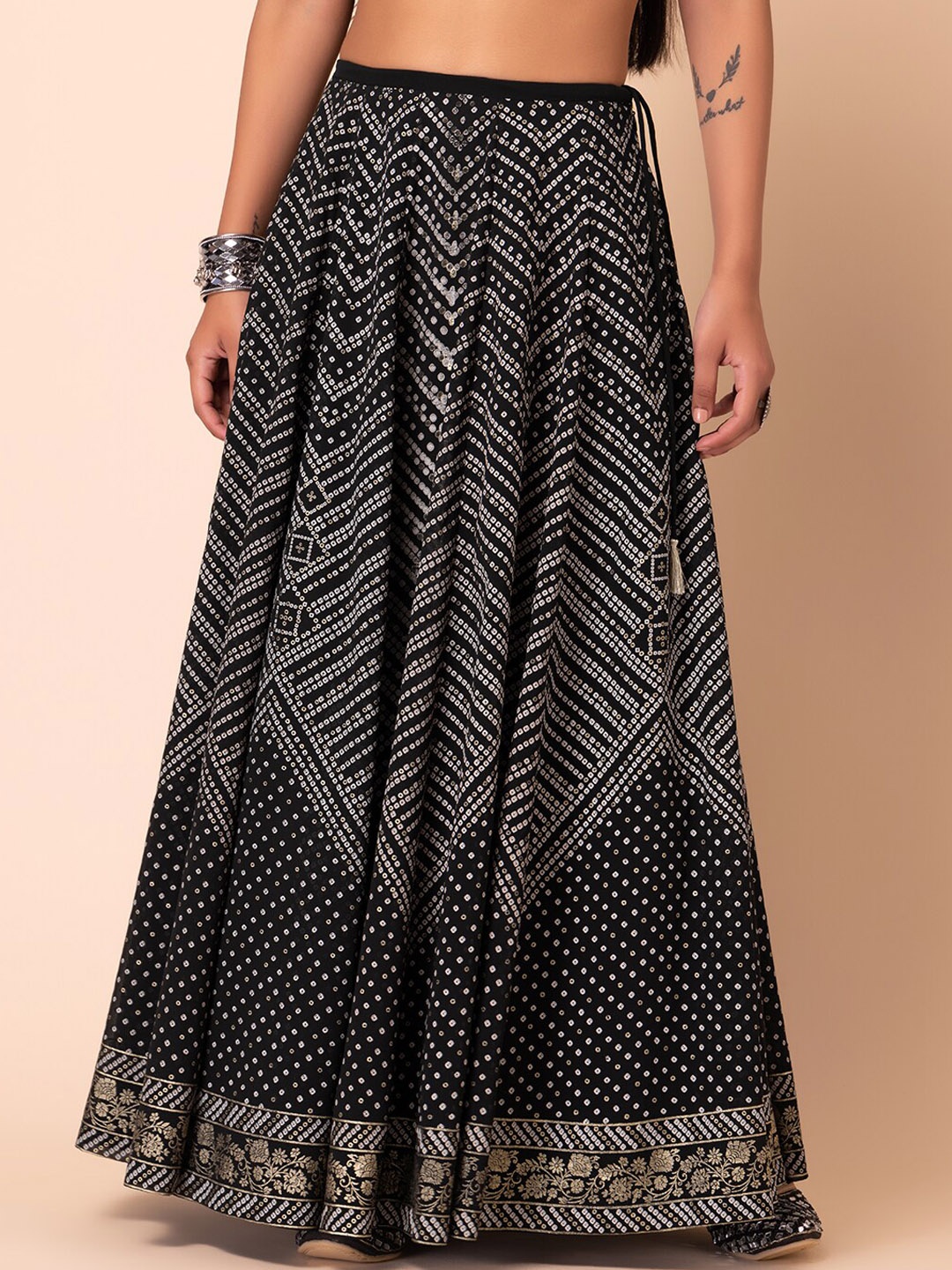 

INDYA Bandhani Printed Flared Lehenga Skirt, Black