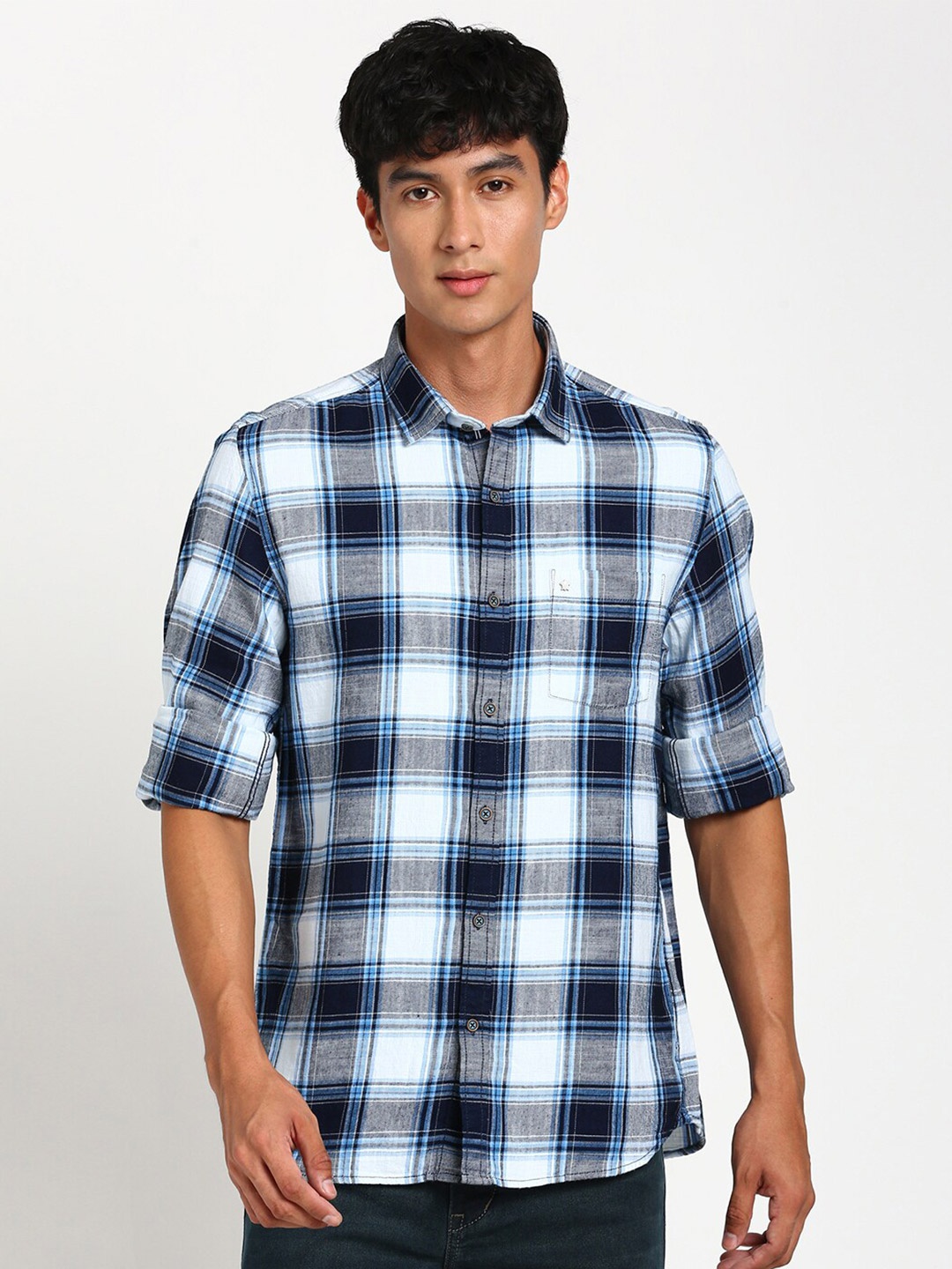 

Turtle Tartan Checked Relaxed Slim Fit Pure Cotton Casual Shirt, Navy blue