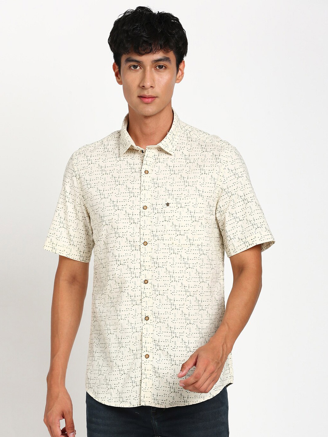 

Turtle Micro Ditsy Printed Relaxed Slim Fit Pure Cotton Casual Shirt, Beige