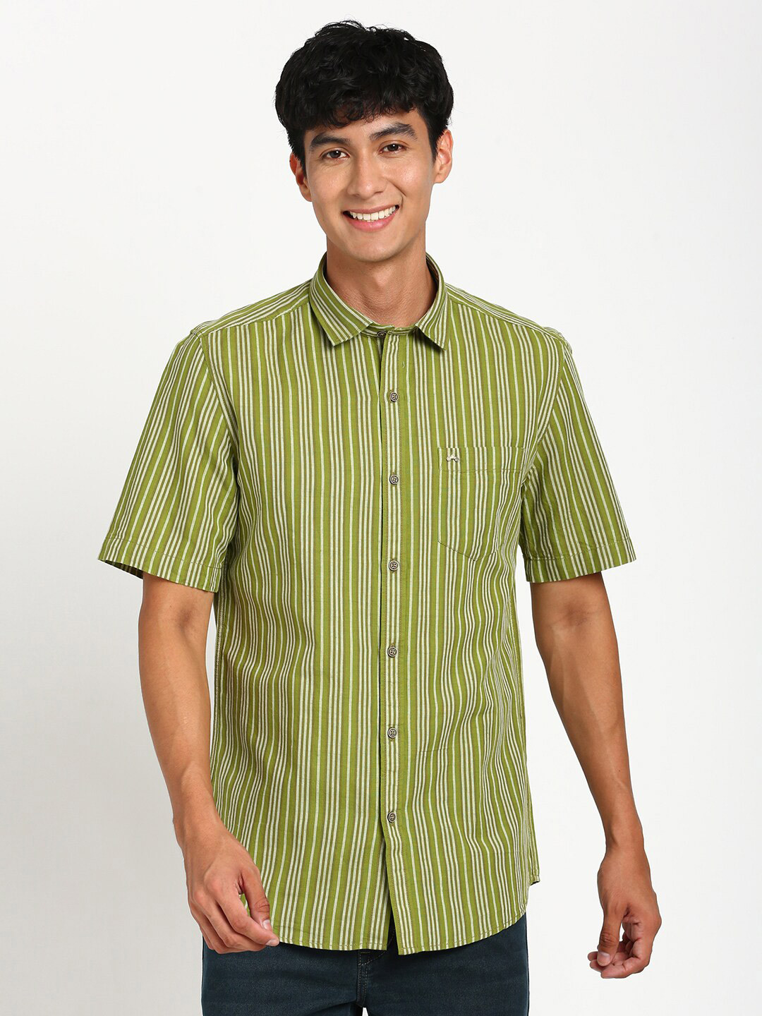 

Turtle Vertical Striped Relaxed Slim Fit Linen Cotton Casual Shirt, Green
