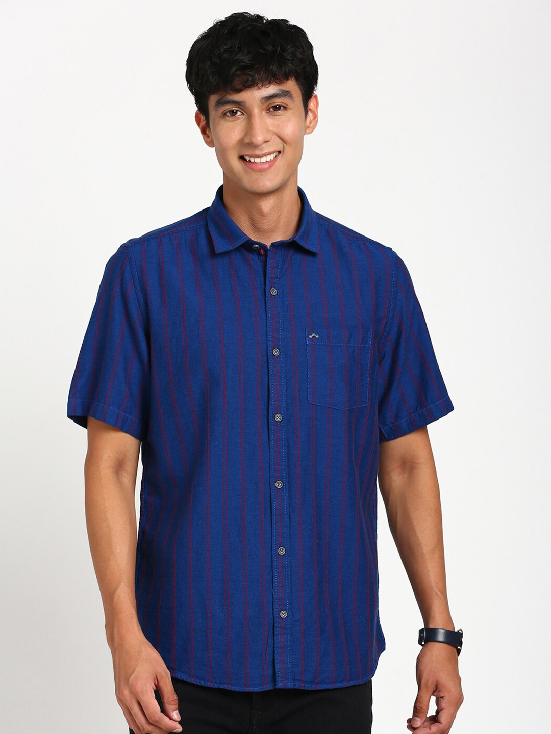 

Turtle Vertical Striped Relaxed Slim Fit Pure Cotton Casual Shirt, Blue