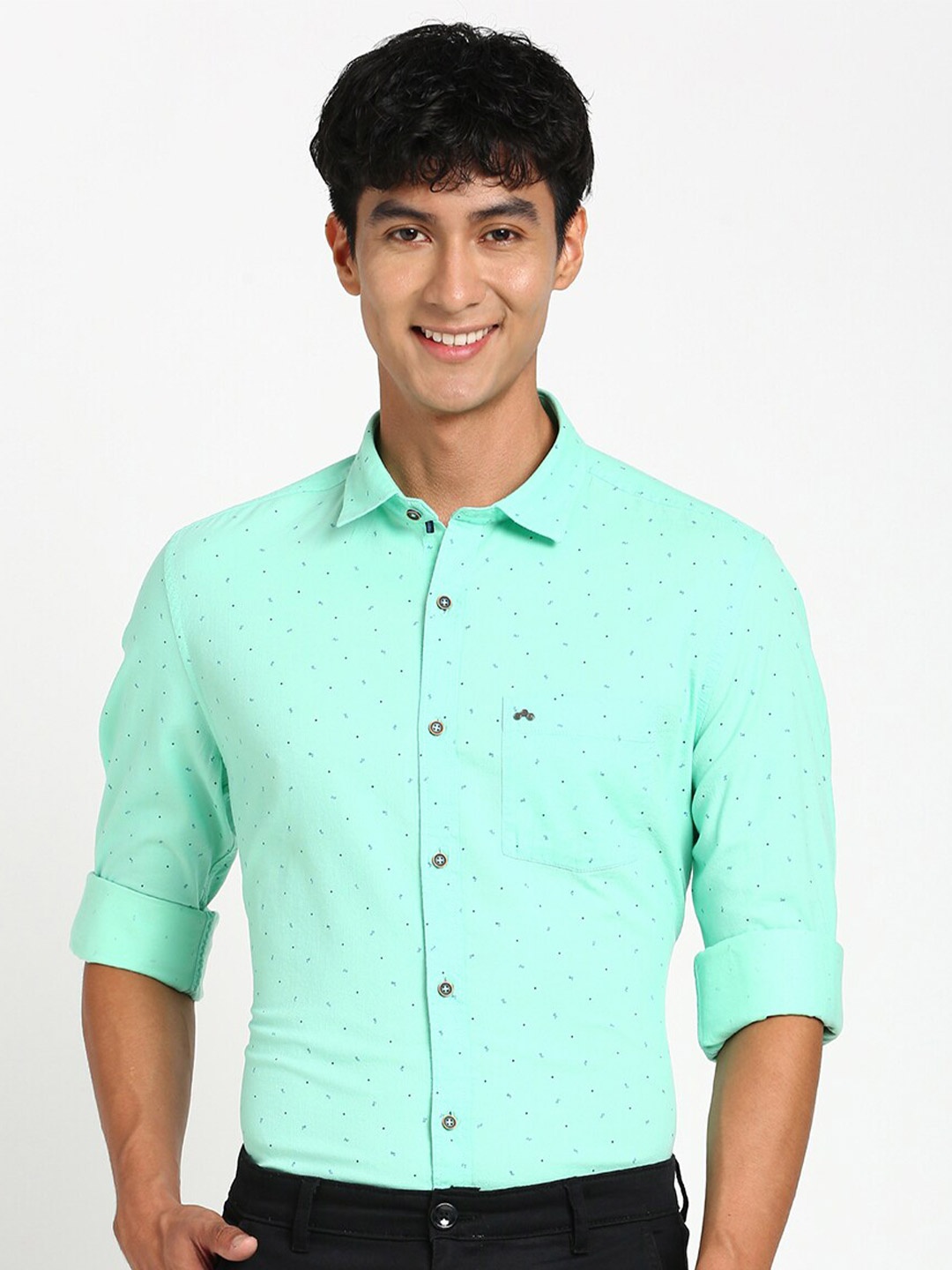 

Turtle Micro Ditsy Printed Relaxed Slim Fit Formal Shirt, Sea green