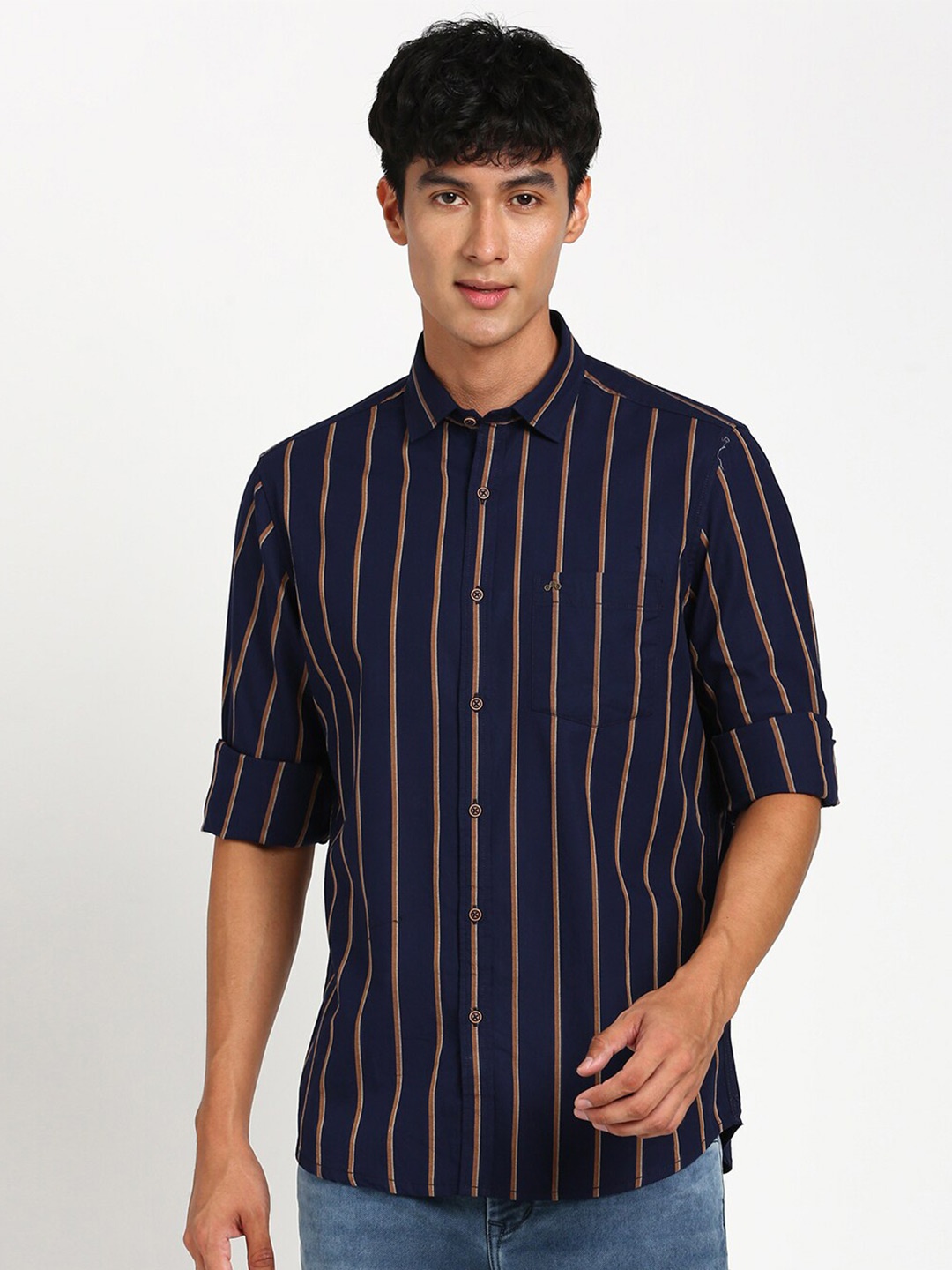 

Turtle Vertical Striped Relaxed Slim Fit Pure Cotton Casual Shirt, Navy blue