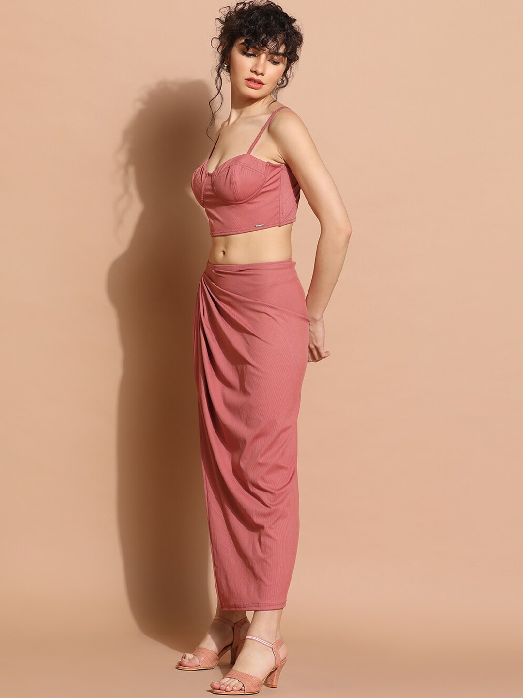 Da Intimo Rust Two Piece Resort Wear Crop Top With High-Slit Skirt