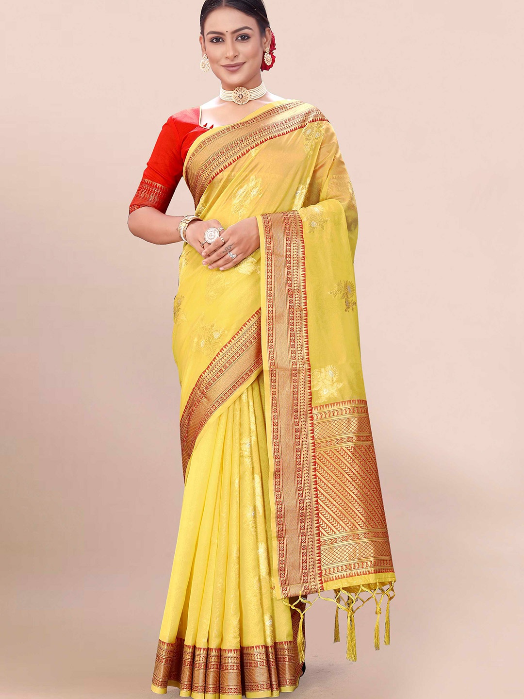 

Mitera Yellow & Red Woven Design Zari Organza Banarasi Saree