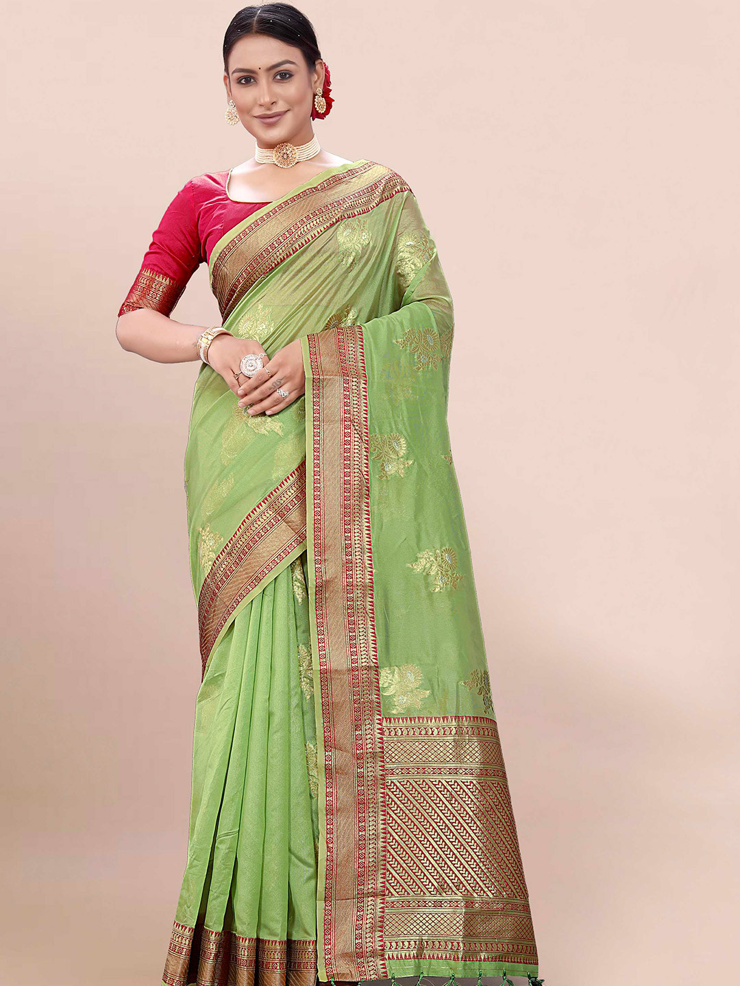 

Mitera Green & Pink Woven Design Zari Organza Banarasi Saree