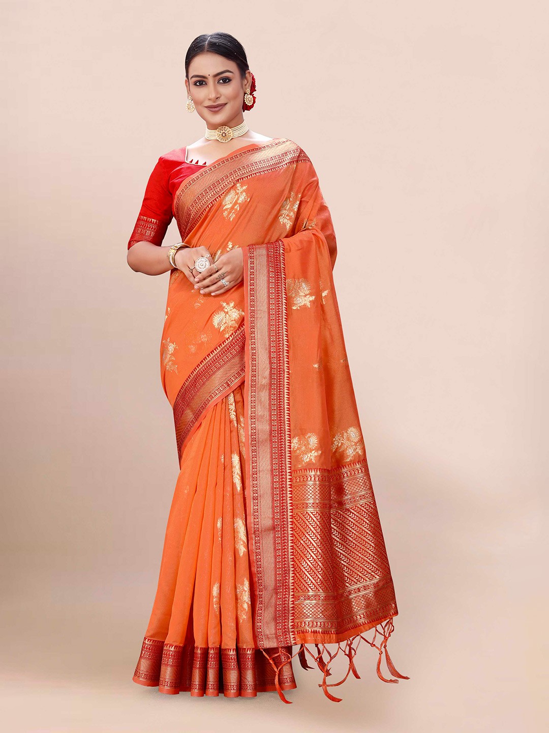 

Mitera Orange & Red Floral Woven Design Zari Organza Banarasi Saree