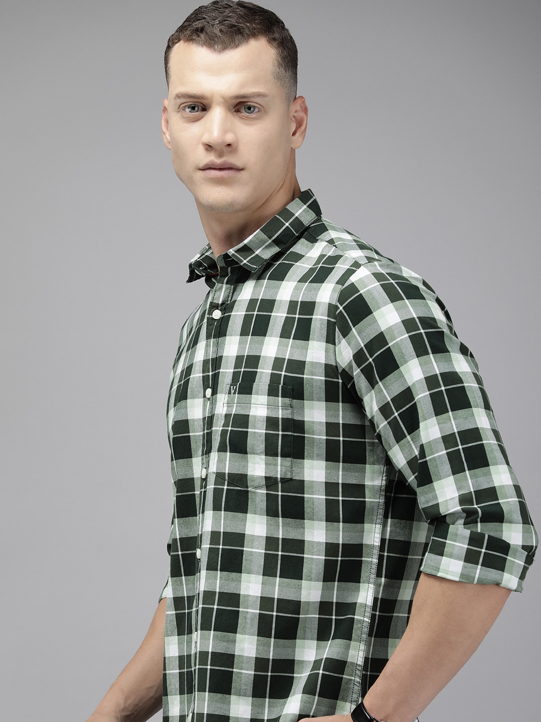 

Van Heusen Sport Pure Cotton Slim Fit Checked Casual Shirt, Green