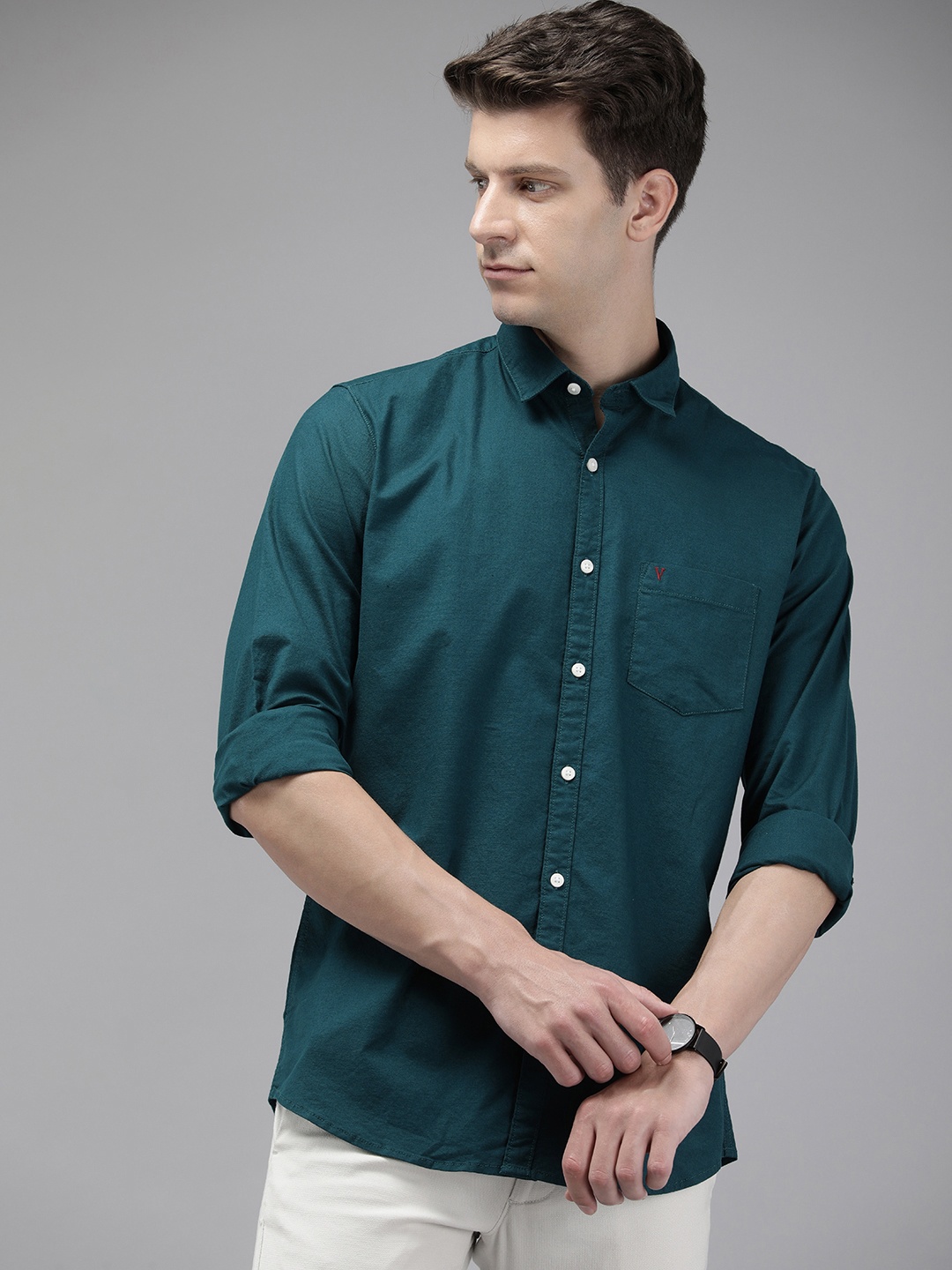 Van Heusen Sport Solid Spread Collar Slim Fit Casual Shirt, Teal