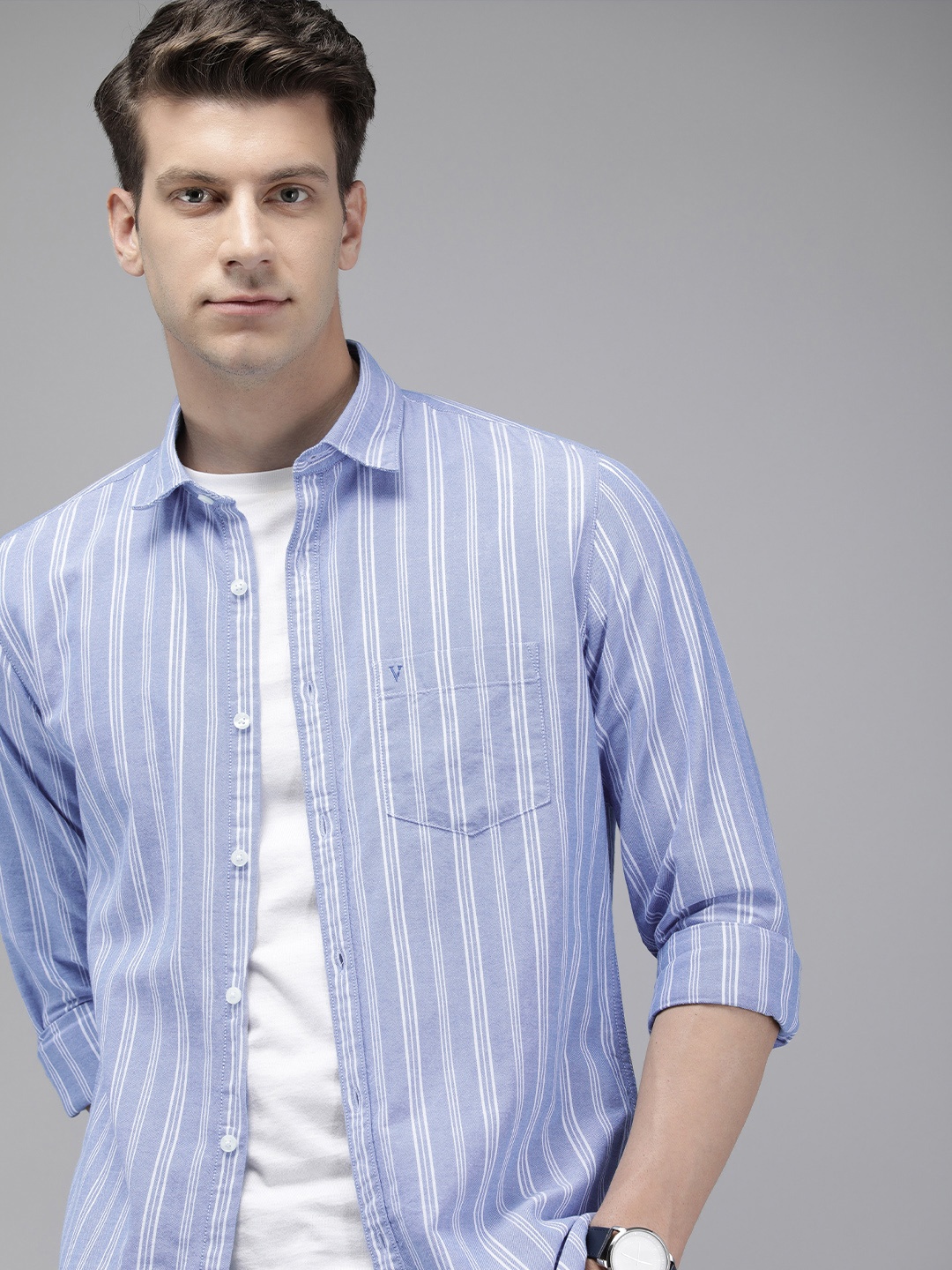 

Van Heusen Sport Slim Fit Striped Pure Cotton Casual Shirt, Blue