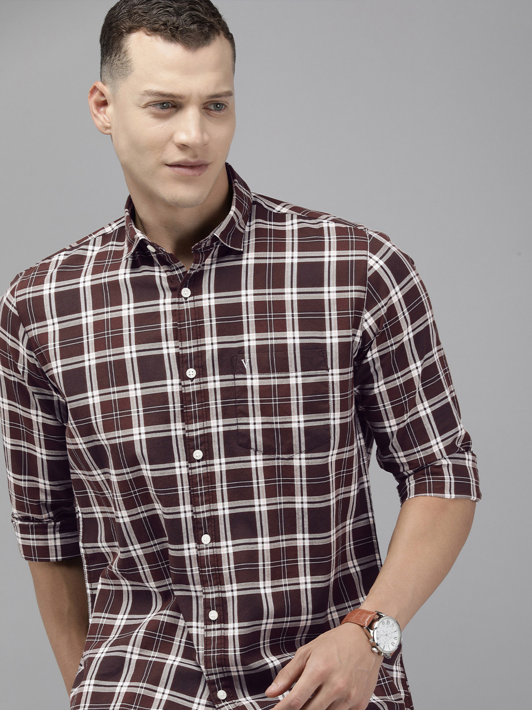 

Van Heusen Sport Pure Cotton Slim Fit Checked Casual Shirt, Brown