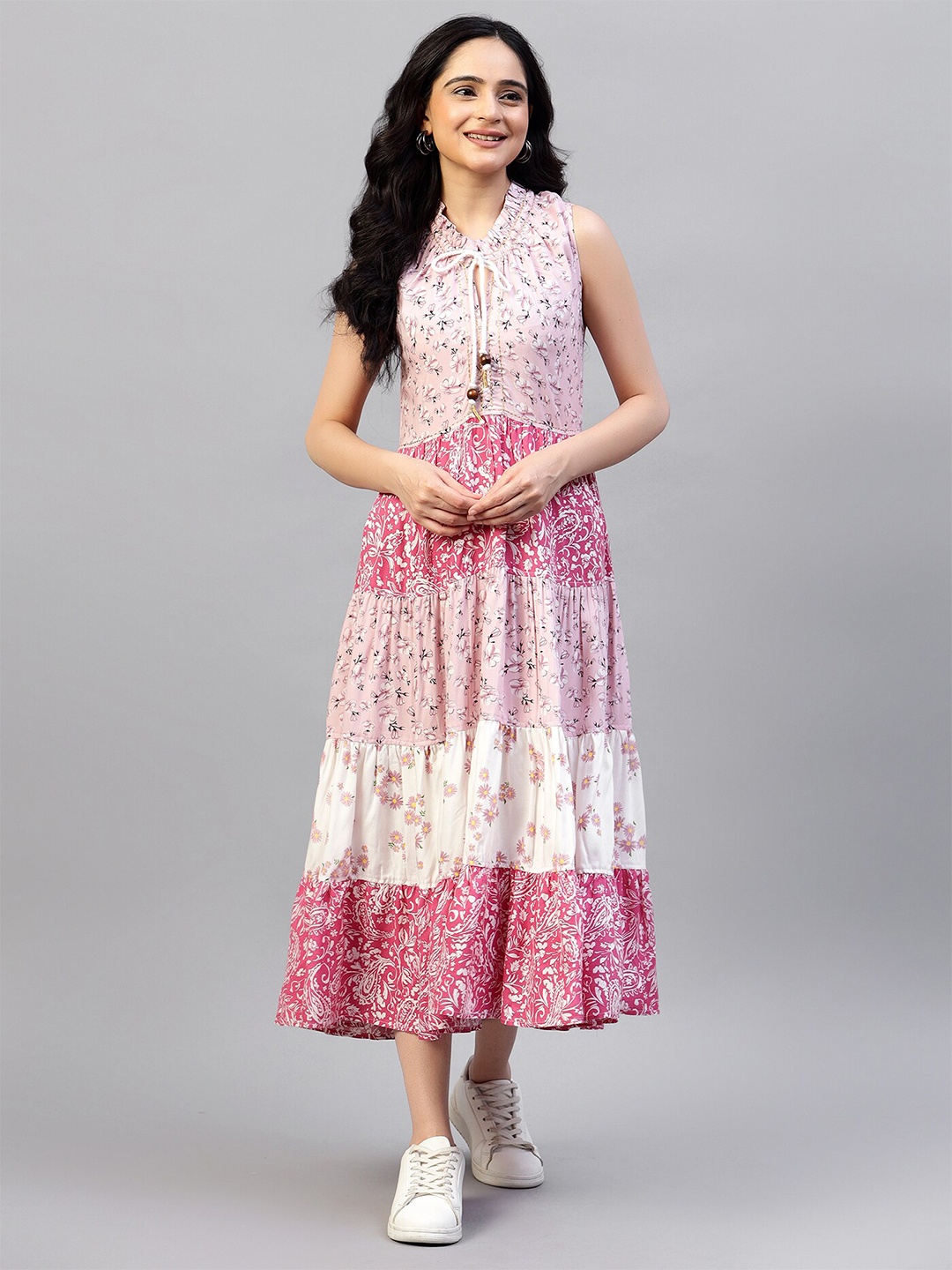 

Hencemade Floral Printed Tie-Up Neck Tiered Fit & Flare Dress, Pink